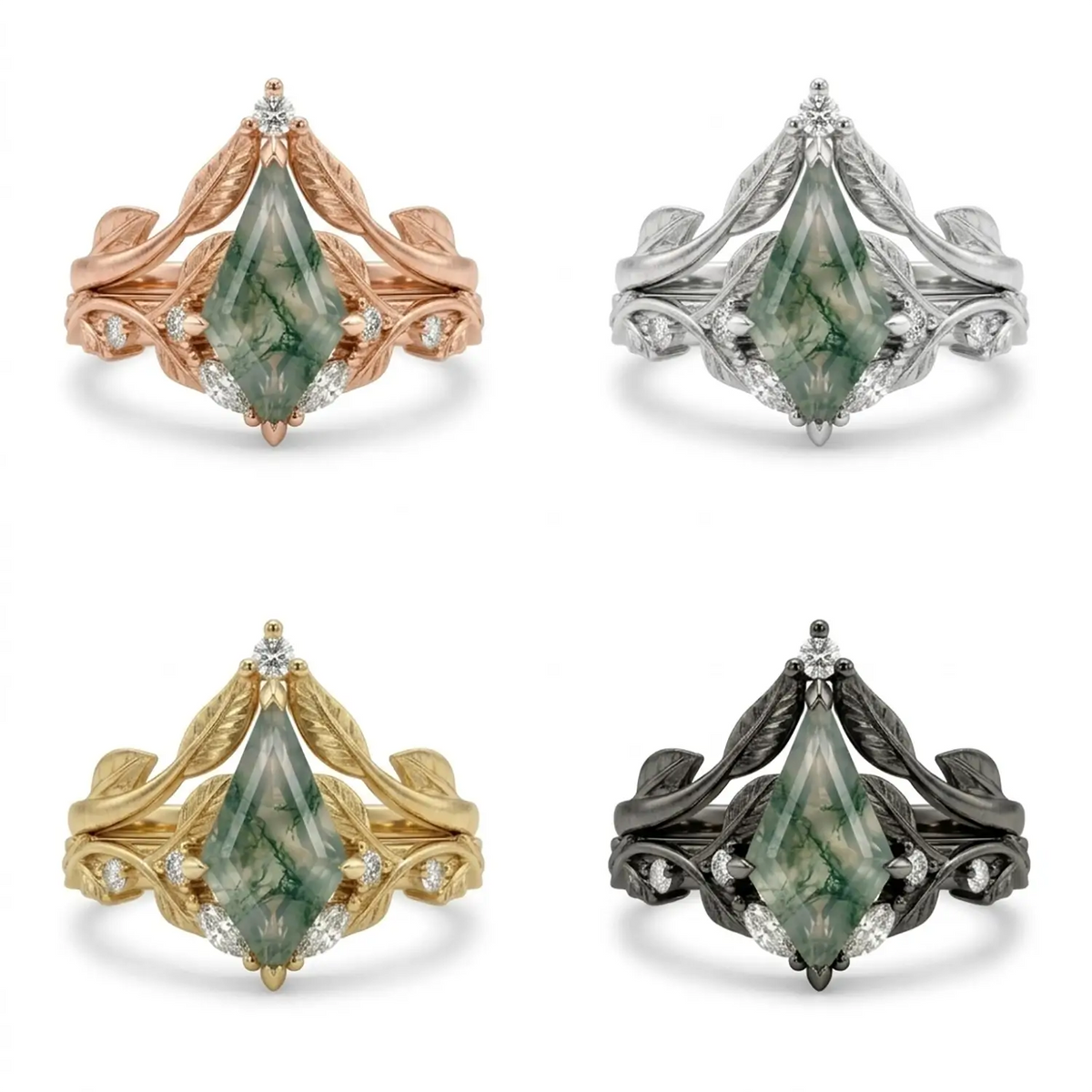 Kite Cut Moss Agate Leaf Ring Set – Nature Inspired Promise Ring - Verdantia