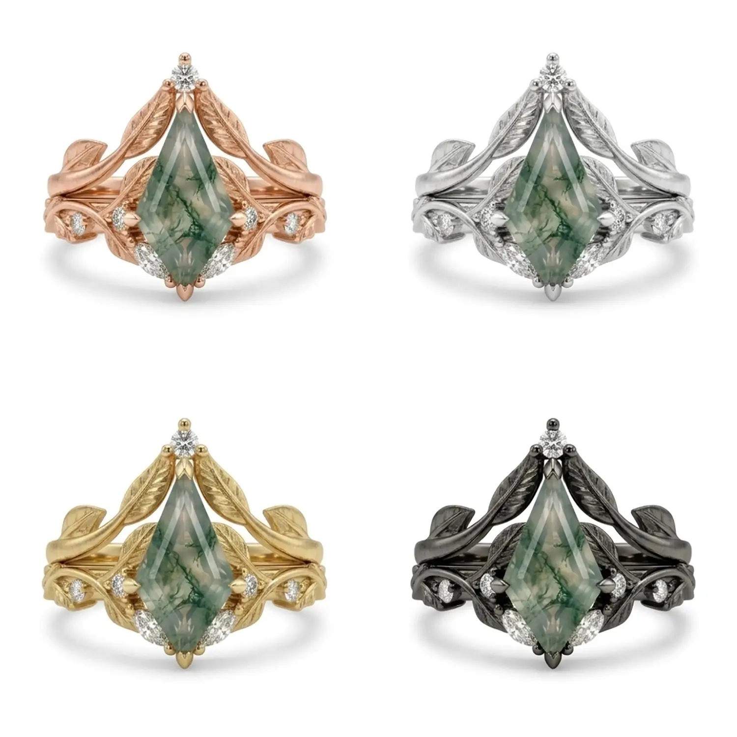 Kite Cut Moss Agate Leaf Ring Set – Nature Inspired Promise Ring - Verdantia