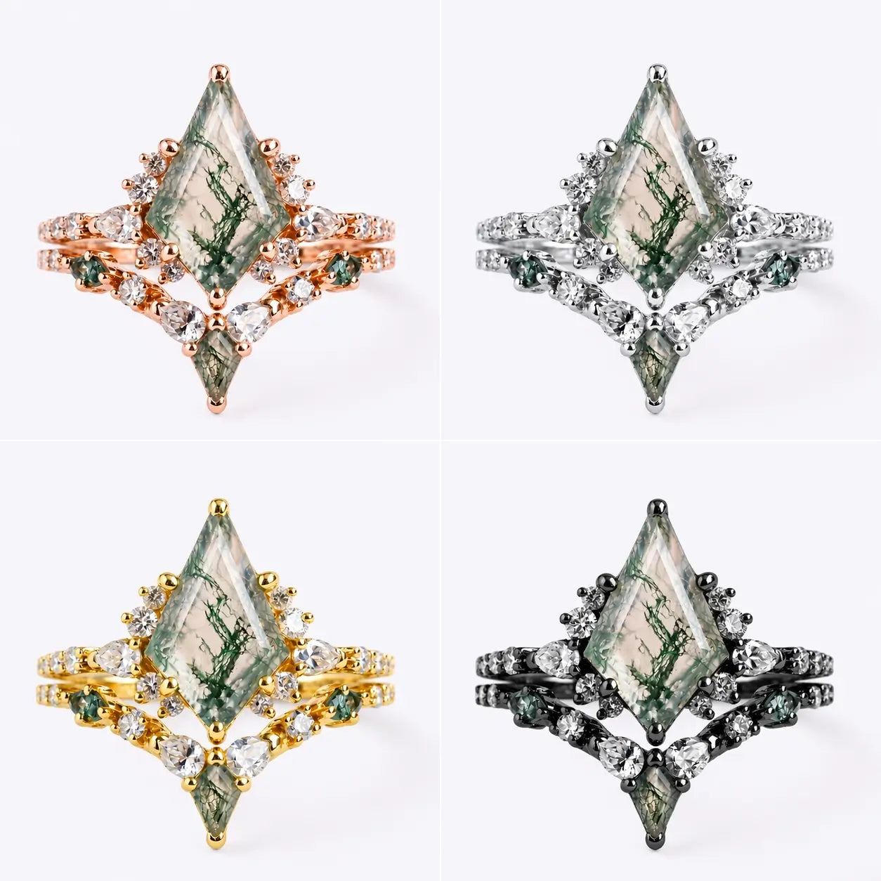 Kite Cut Moss Agate Rings – Unique Geometric Engagement Ring Set