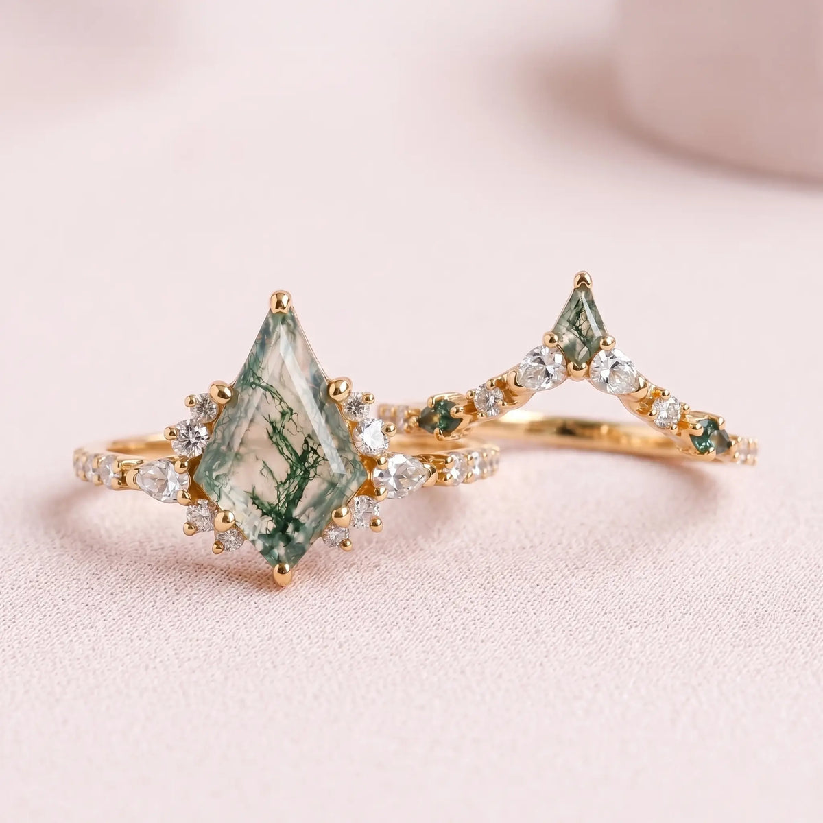 Kite Cut Moss Agate Rings – Unique Geometric Engagement Ring Set handmade jewelry