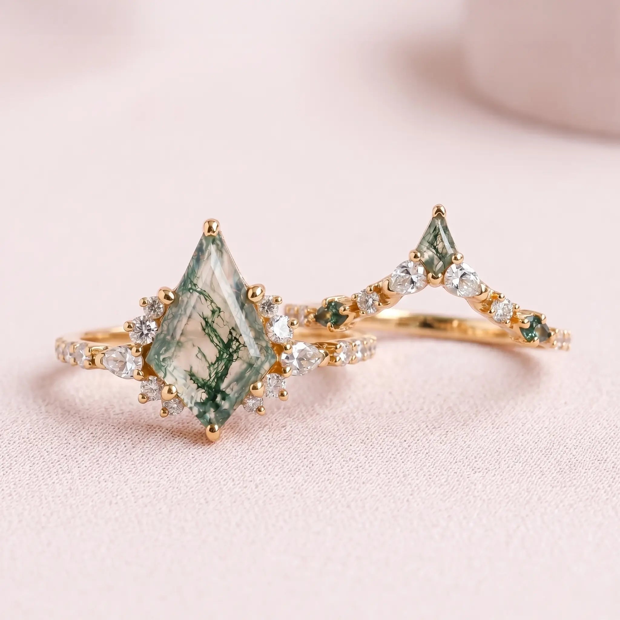 Kite Cut Moss Agate Rings – Unique Geometric Engagement Ring Set handmade jewelry