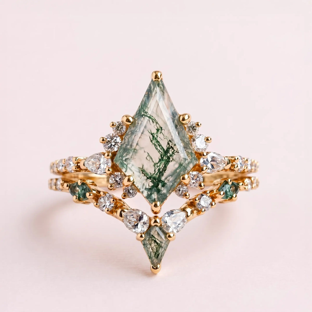 Custom Kite Cut Moss Agate Rings – Unique Geometric Engagement Ring Set Luxury Rings For women anniversary gift 18k yellow gold