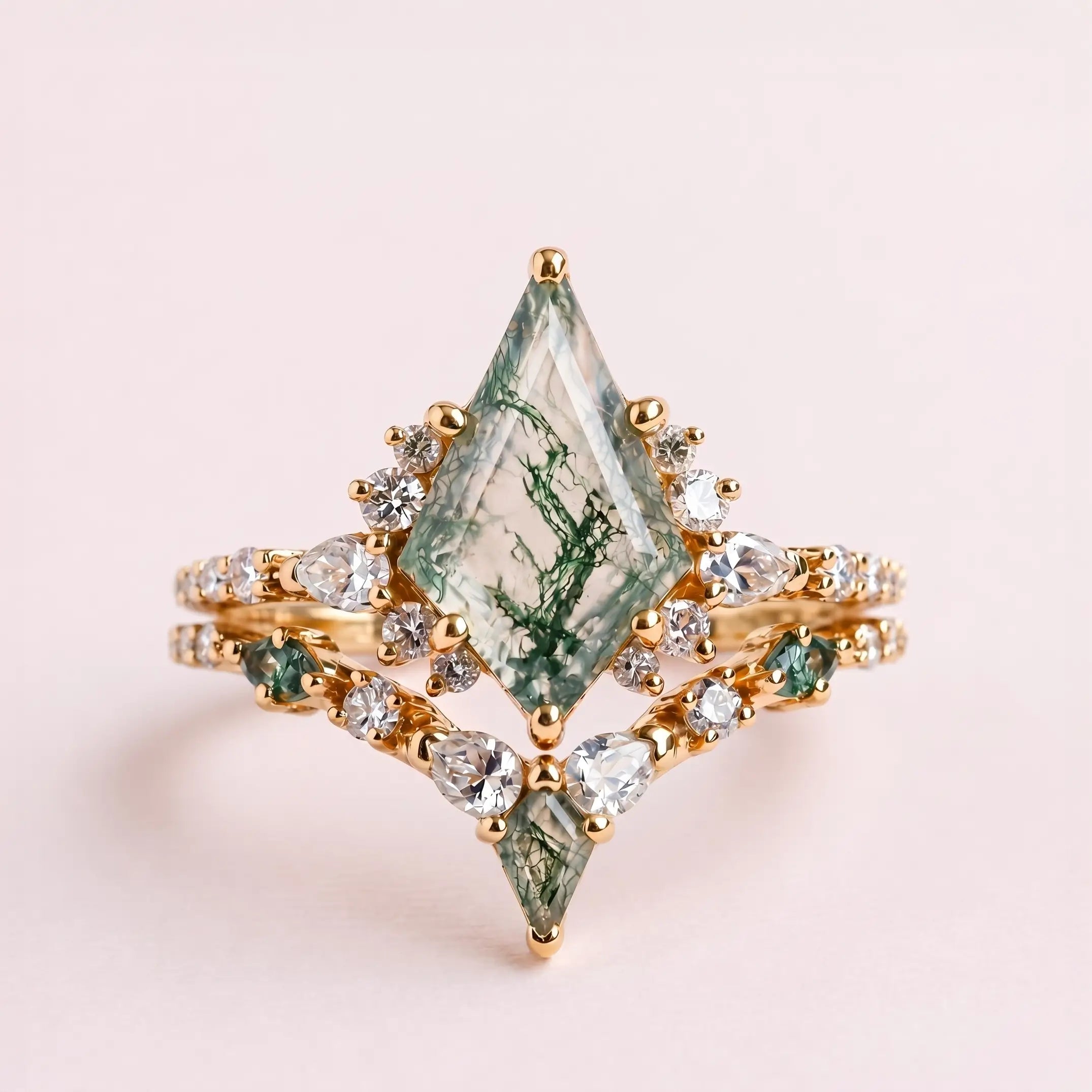 Custom Kite Cut Moss Agate Rings – Unique Geometric Engagement Ring Set Luxury Rings For women anniversary gift 18k yellow gold