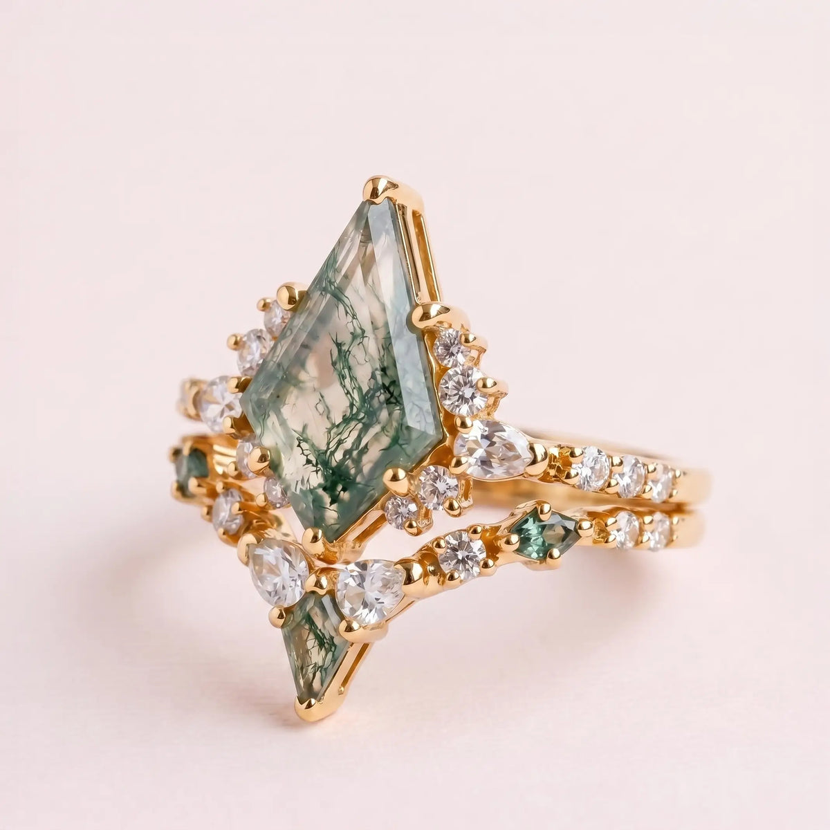 Custom Kite Cut Moss Agate Rings – Unique Geometric Engagement Ring Set Luxury Rings For women 18k yellow gold