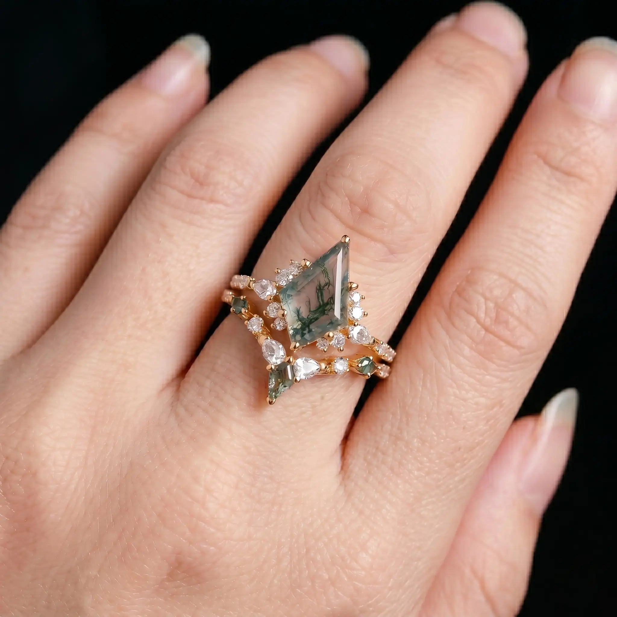 Kite Cut Moss Agate Rings – Unique Geometric Engagement Ring Set for women