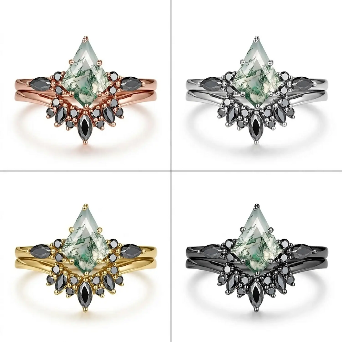 Bague de fiançailles en agate mousse de cerf-volant, sertie sur un anneau en or noir, style gothique - Evergreen