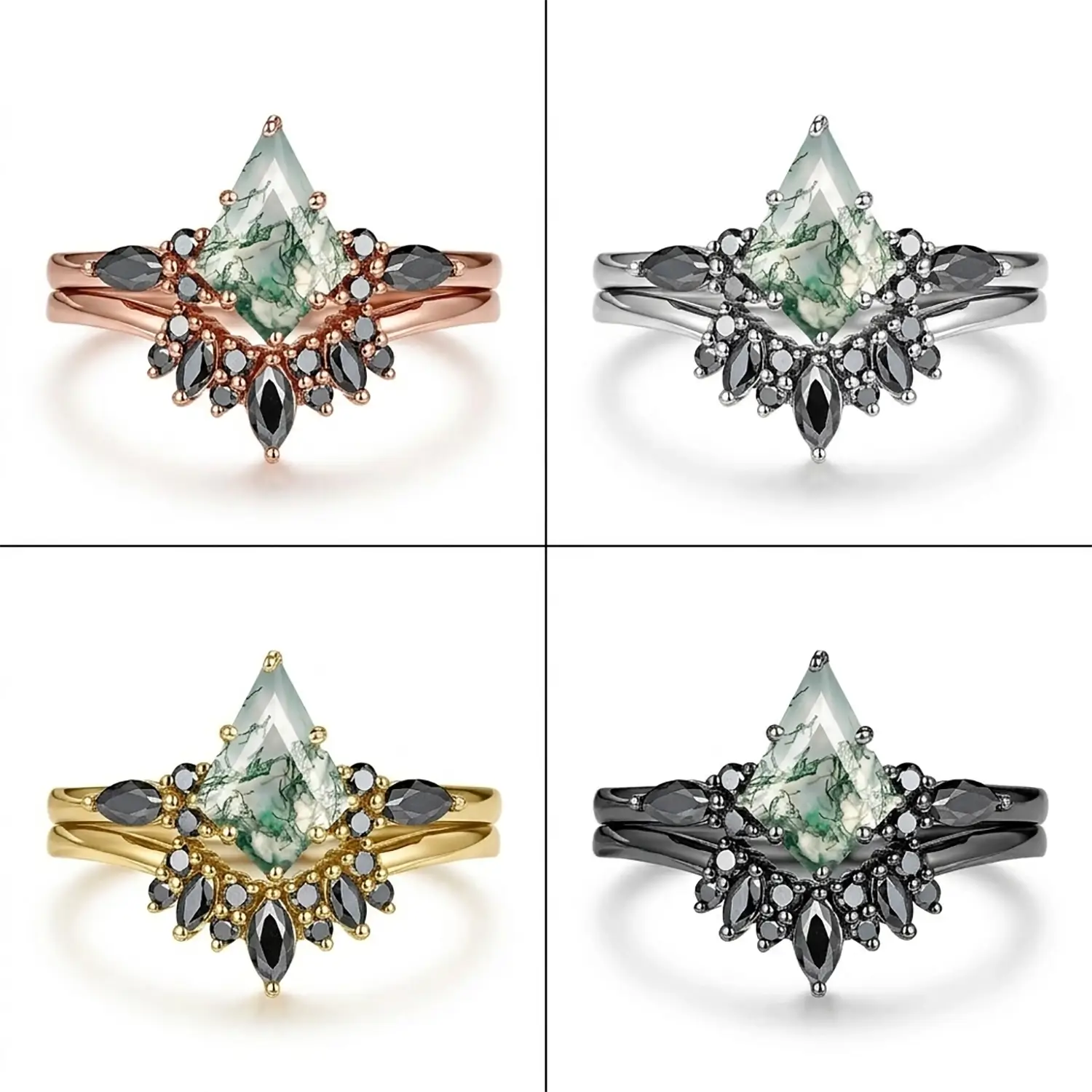 Bague de fiançailles en agate mousse de cerf-volant, sertie sur un anneau en or noir, style gothique - Evergreen