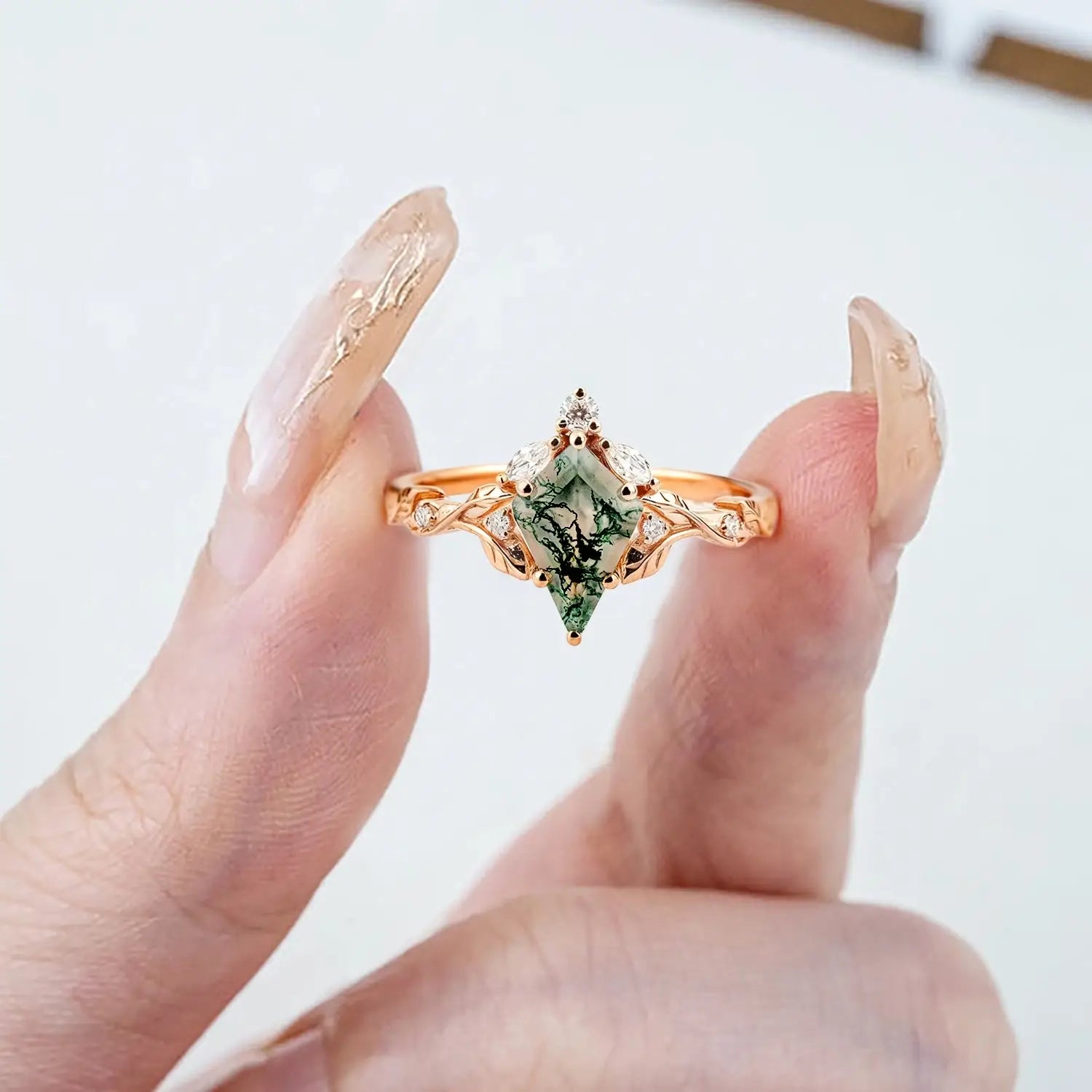 kite moss agate floral engagement ring in 14k rose gold rings for women orleone jewelry