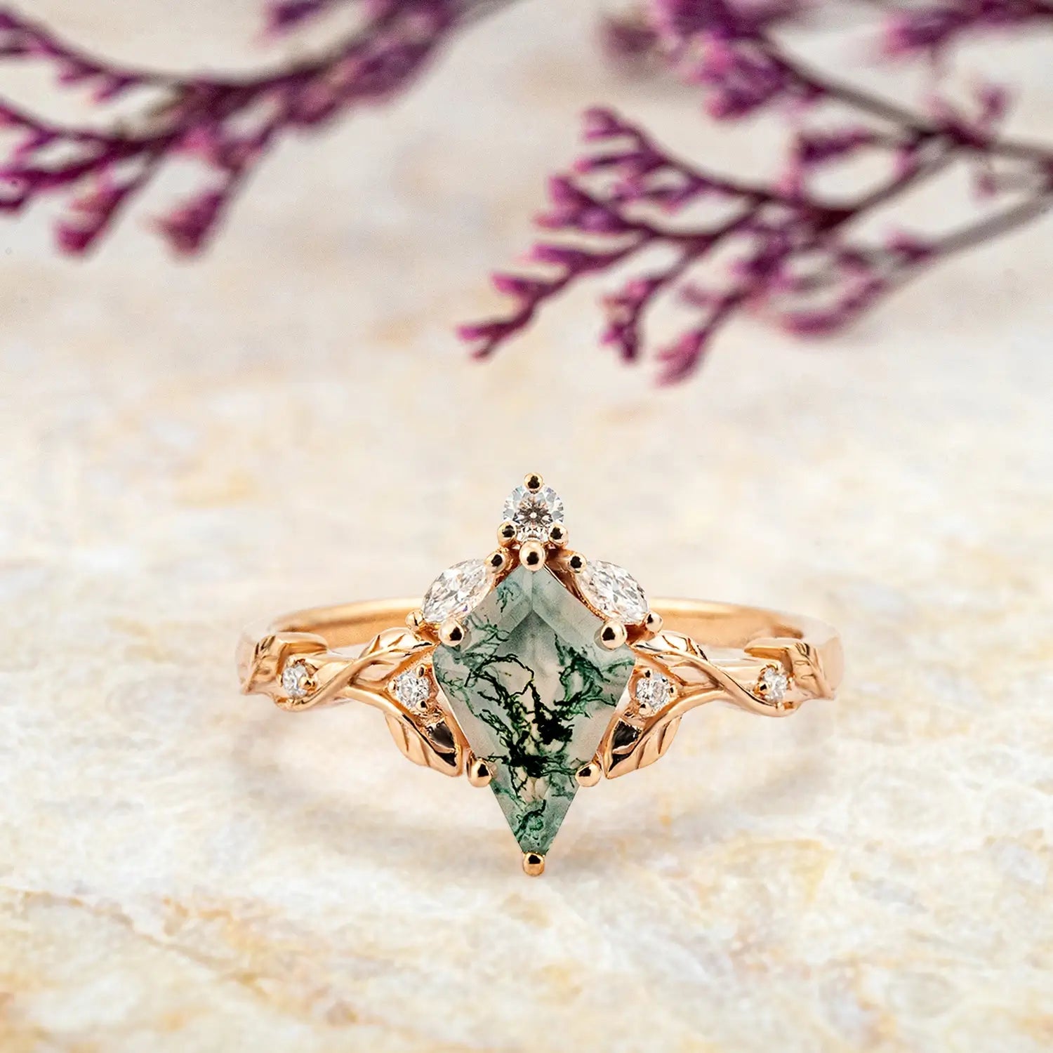 Elyssia kite moss agate floral engagement ring in 14k rose gold rings for women orleone jewelry