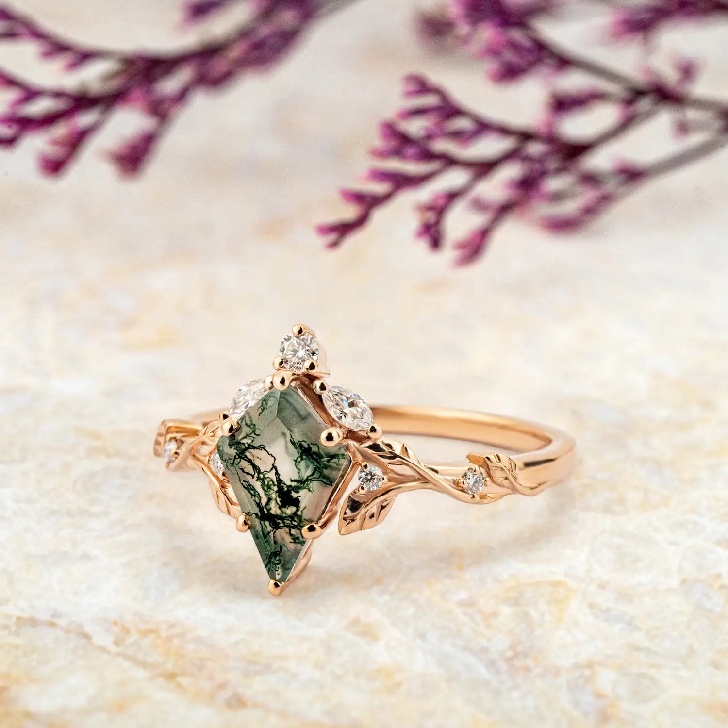 handmade nature-inspired moss agate ring with moissanite accents