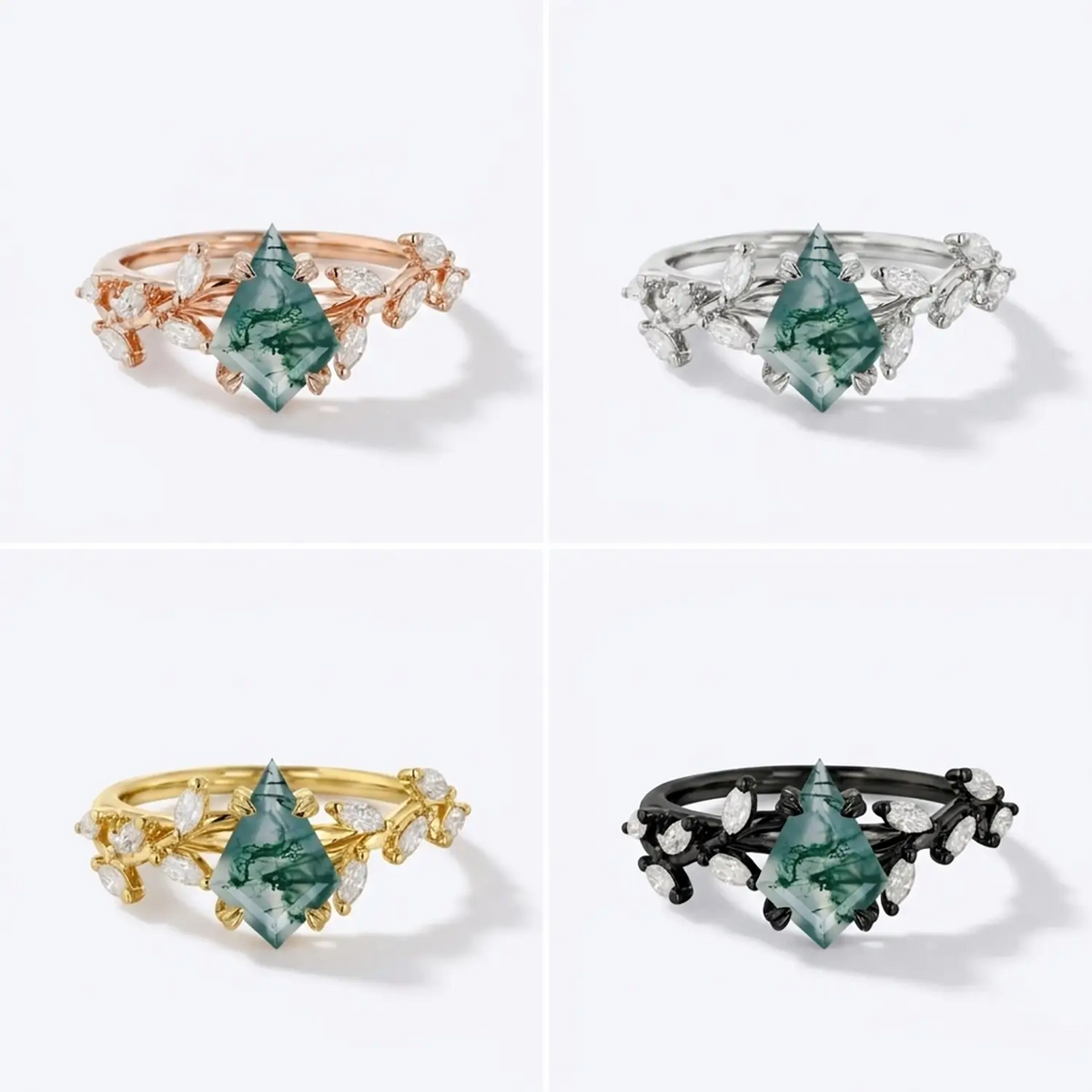 Kite Moss Agate Leaf Ring Unique Art Engagement Rings - Solstice