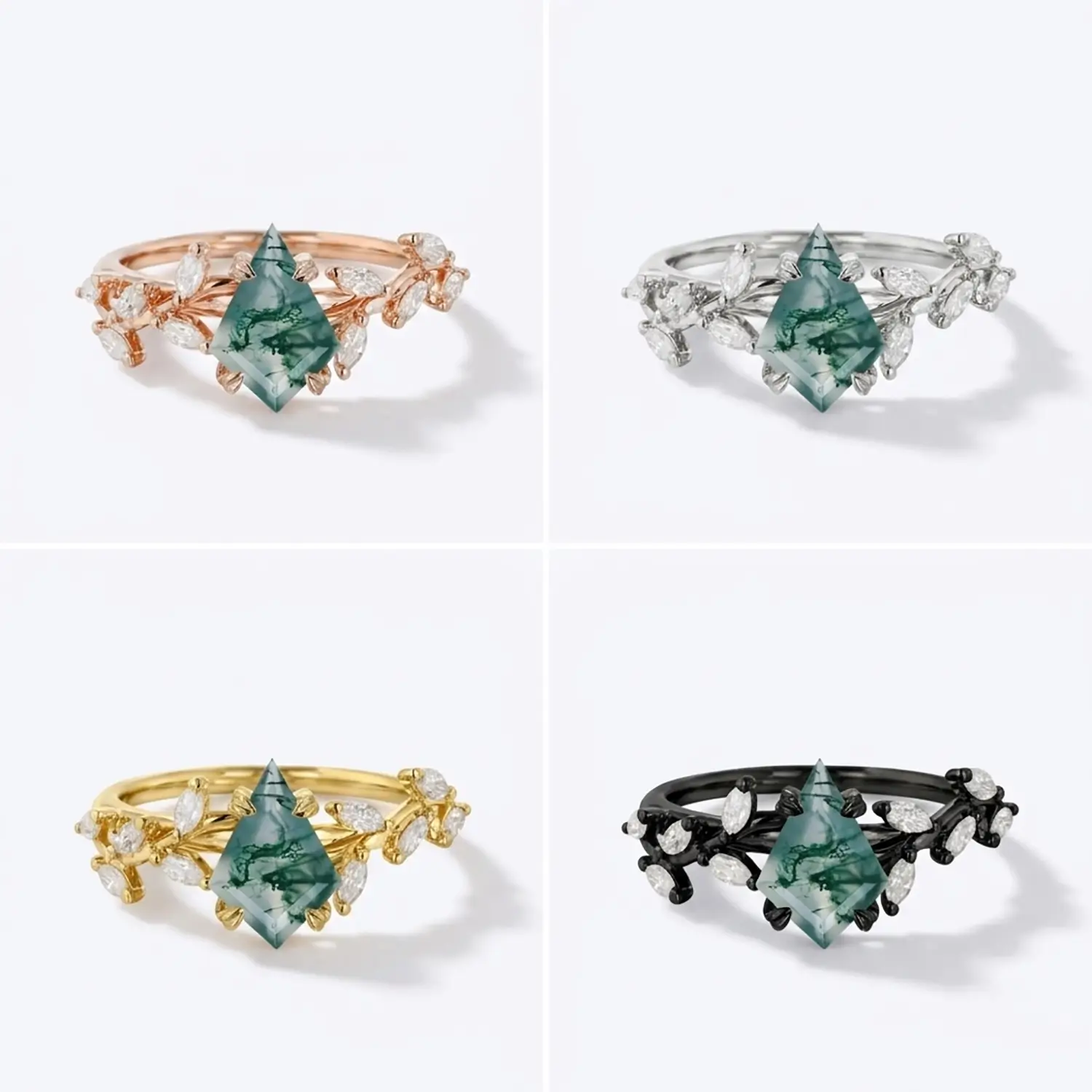 Kite Moss Agate Leaf Ring Unique Art Engagement Rings - Solstice