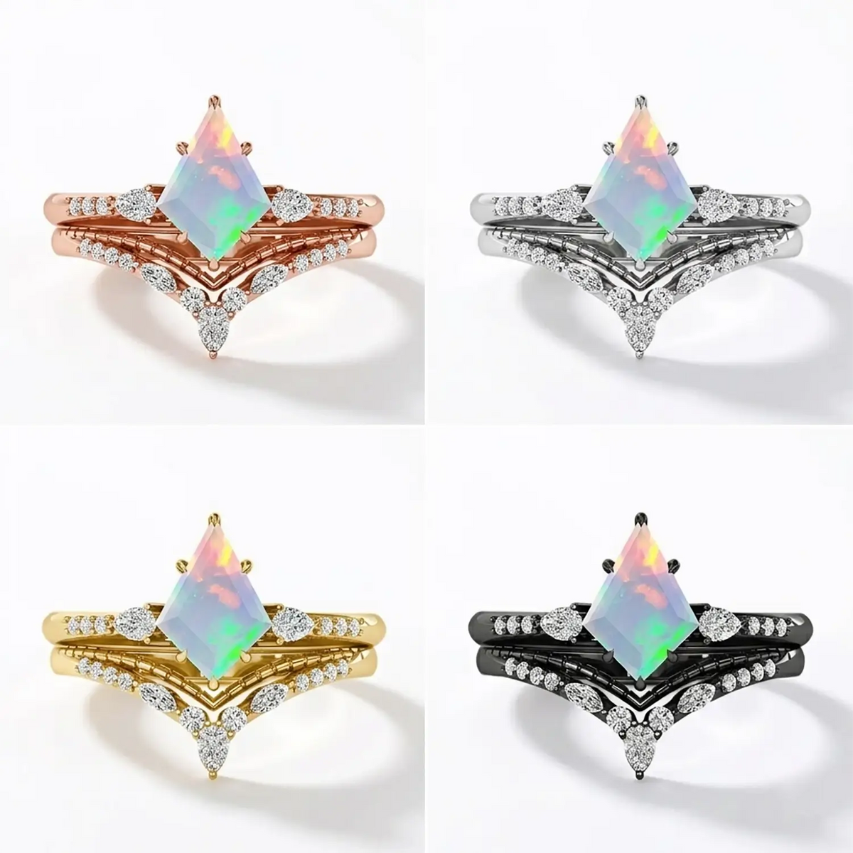 Kite Opal Engagement Ring Set Black Gold Art Deco Chevron Band - Celestial