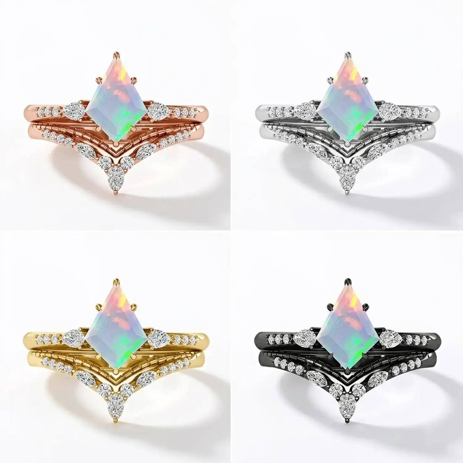 Kite Opal Engagement Ring Set Black Gold Art Deco Chevron Band - Celestial