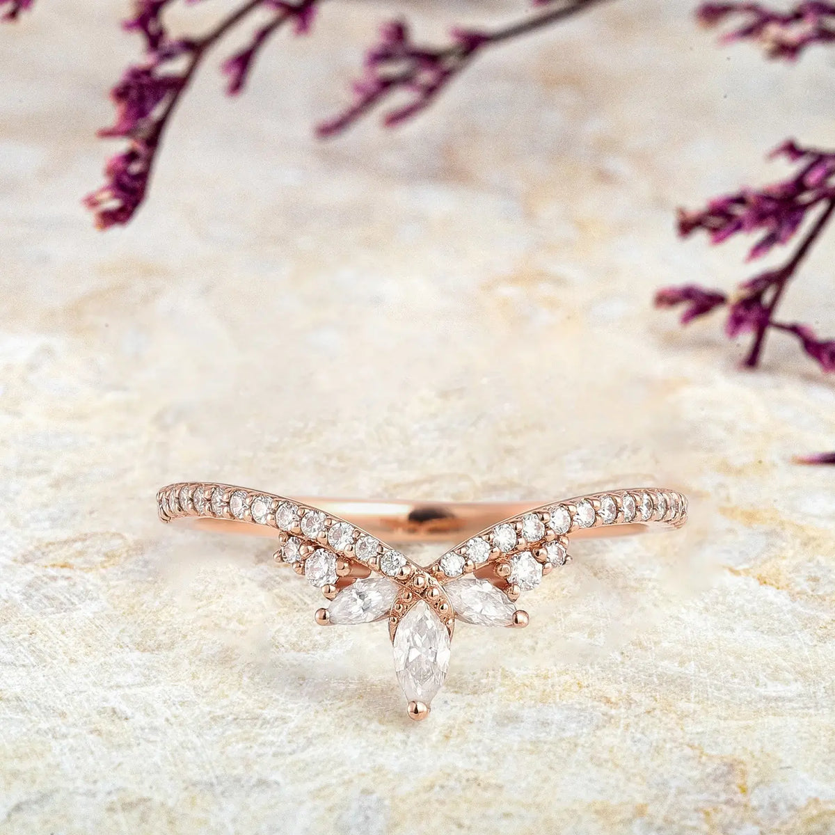 Moissanite Chevron Wedding Band – Art Deco Inspired Matching Stacking Ring