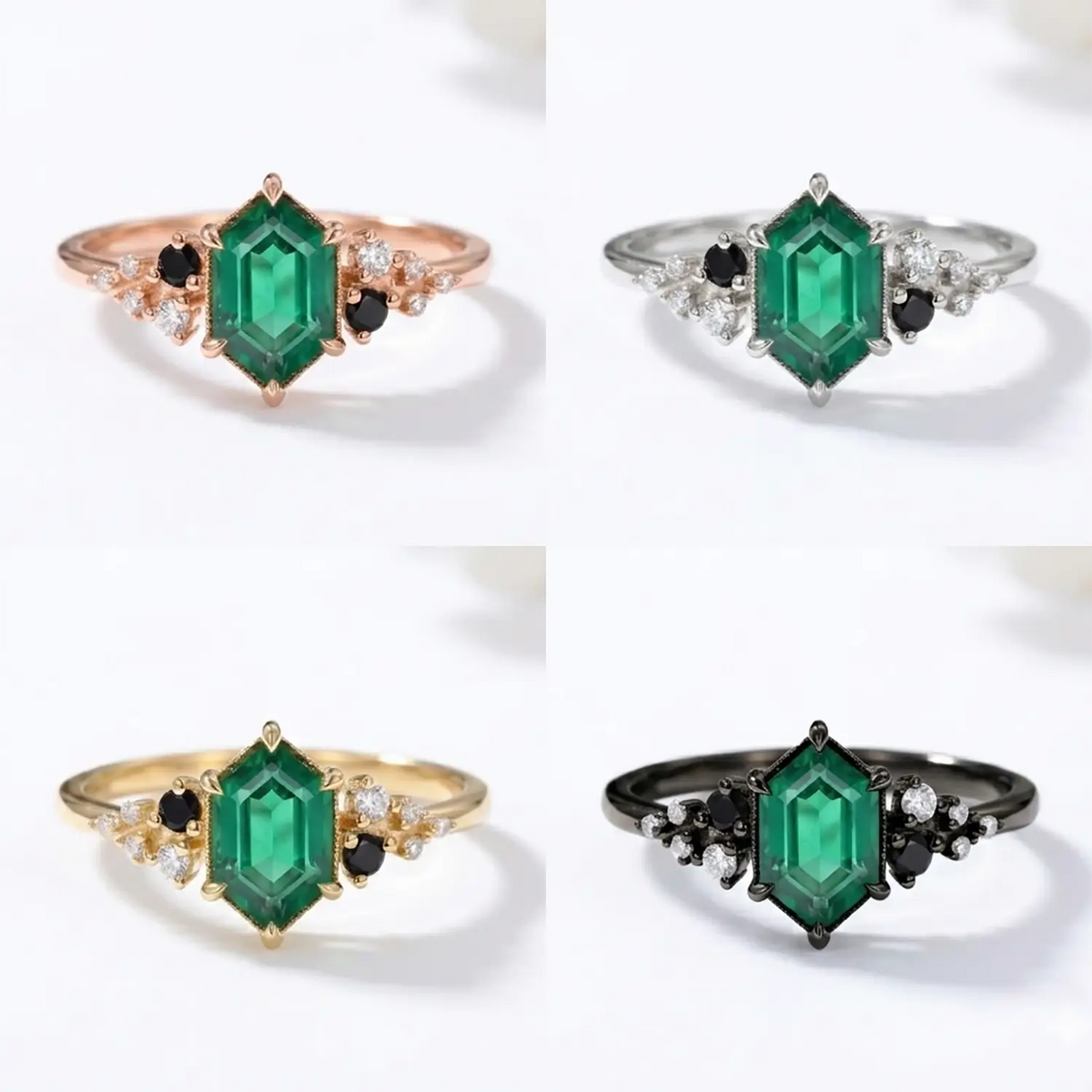 Long Hexagon Emerald Engagement Ring Gold Cluster Modern Art Rings 4 color material