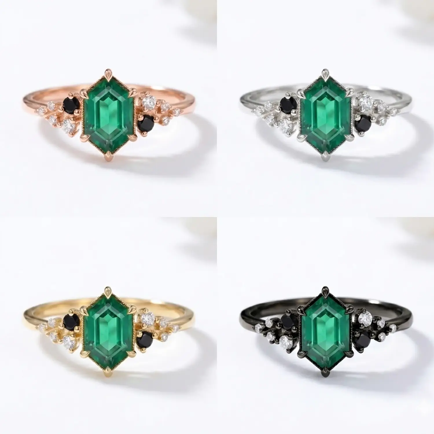 Long Hexagon Emerald Engagement Ring Gold Cluster Modern Art Rings 4 color material