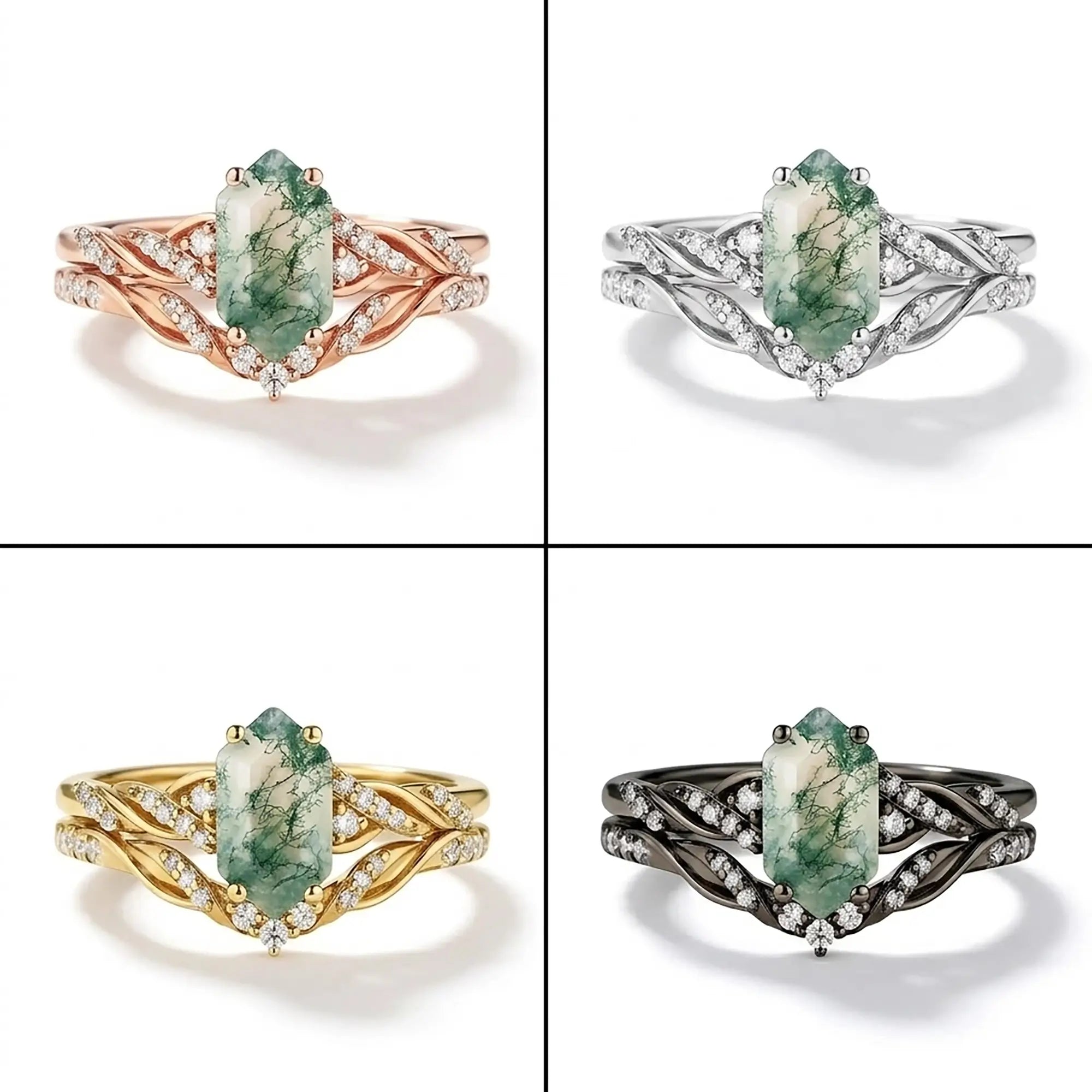 orleone Long hexagon moss agate engagement ring set with twisted vine rings 4 color