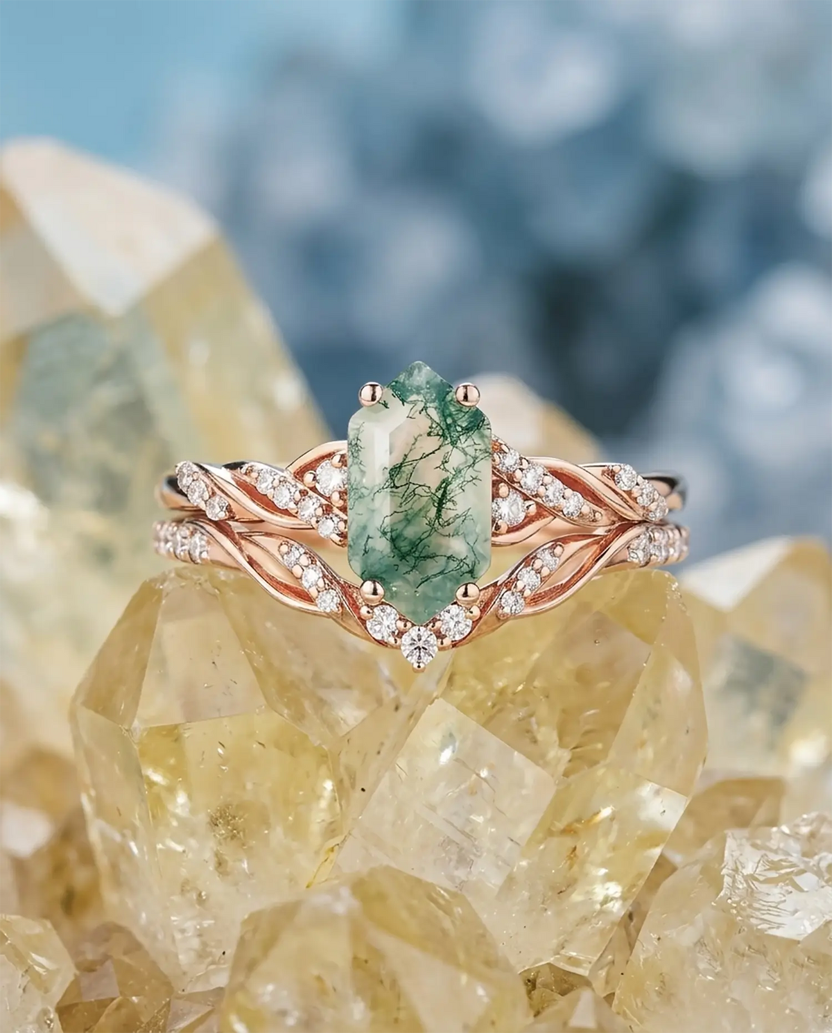 Long hexagon moss agate engagement ring set with twisted vine rings
