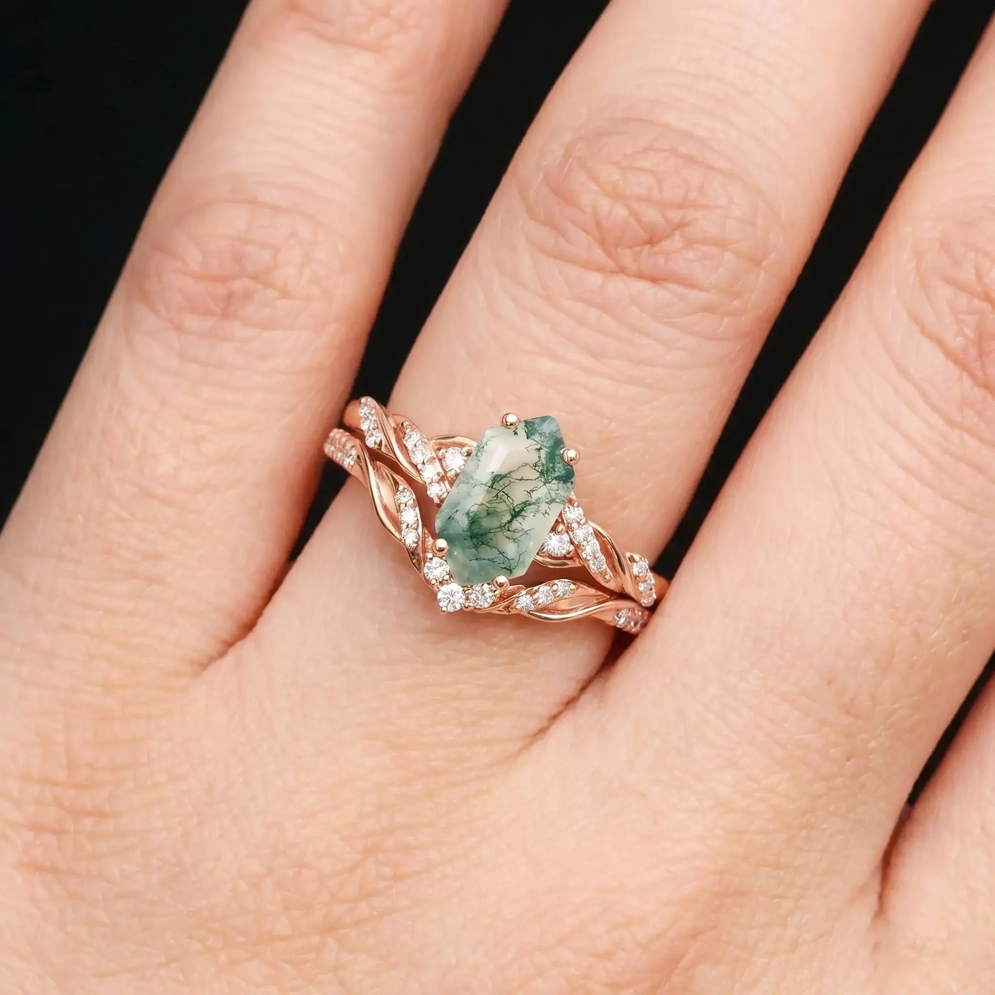 orleone Long hexagon moss agate engagement ring set with twisted vine rings for women