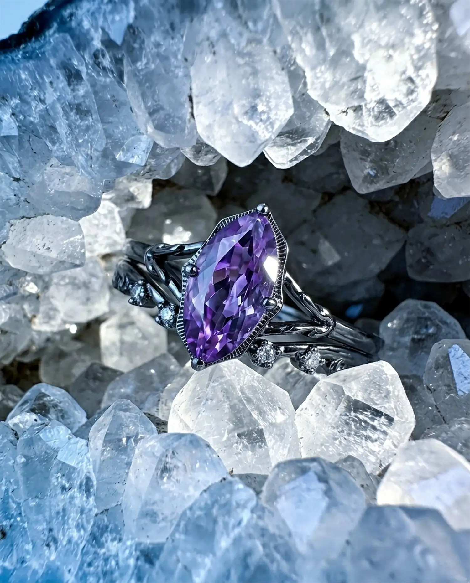 Marquise Amethyst Engagement Ring Set Black Gold Split Shank Gothic Band - Mystic