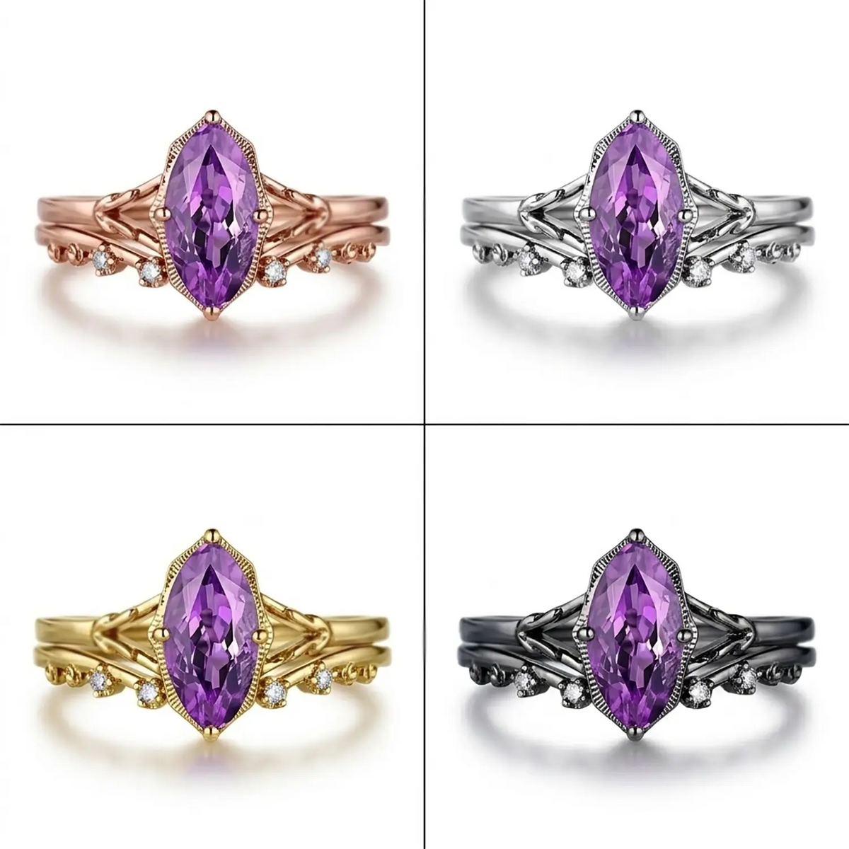 Marquise Amethyst Engagement Ring Set Black Gold Split Shank Gothic Band - Mystic