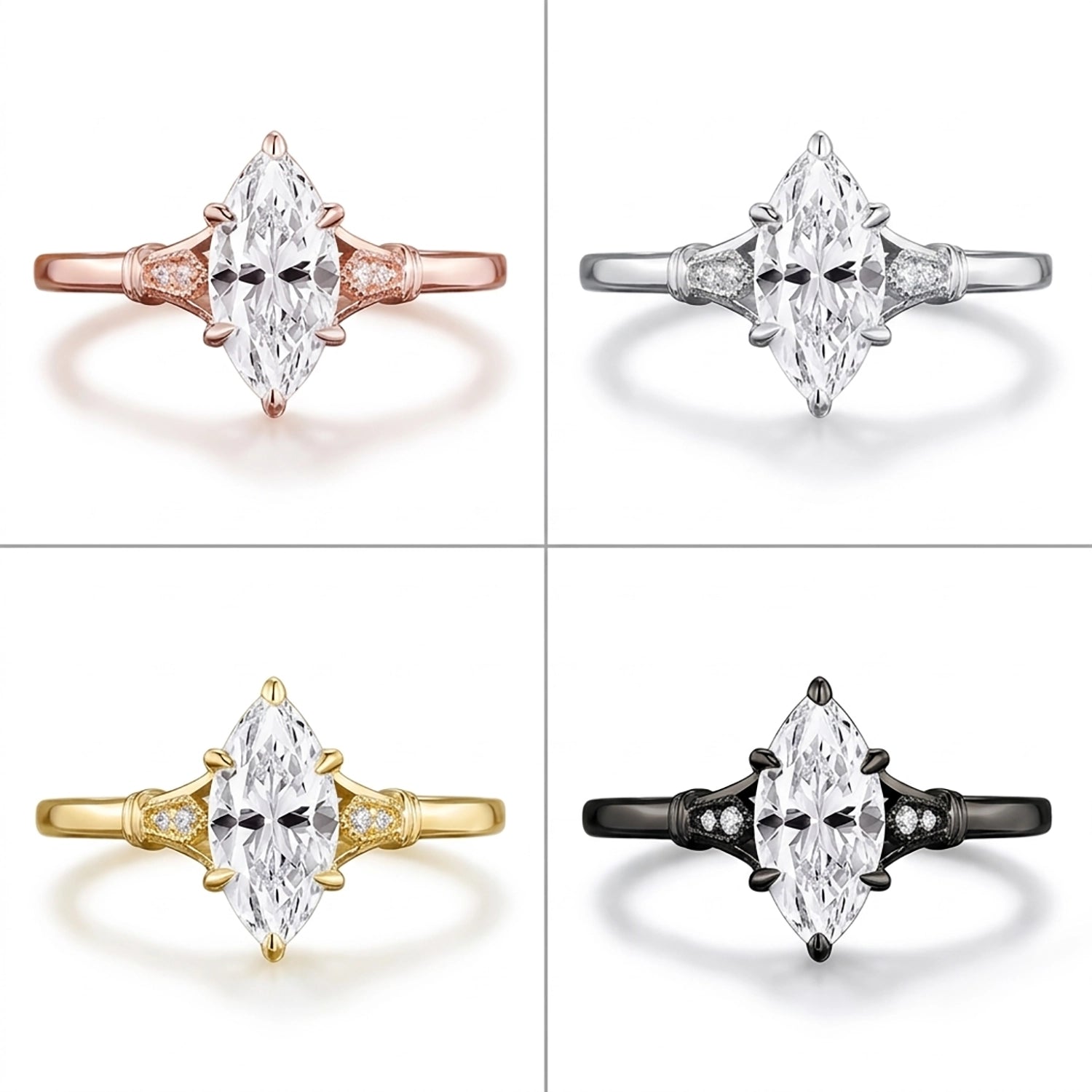 Bague de fiançailles en moissanite taille marquise, anneau fendu, style vintage minimaliste, trois pierres - Radiance