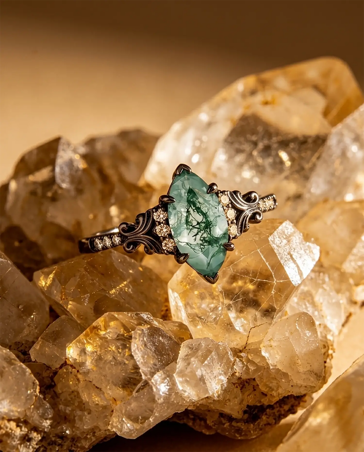 marquise moss agate black gold engagement ring vintage design