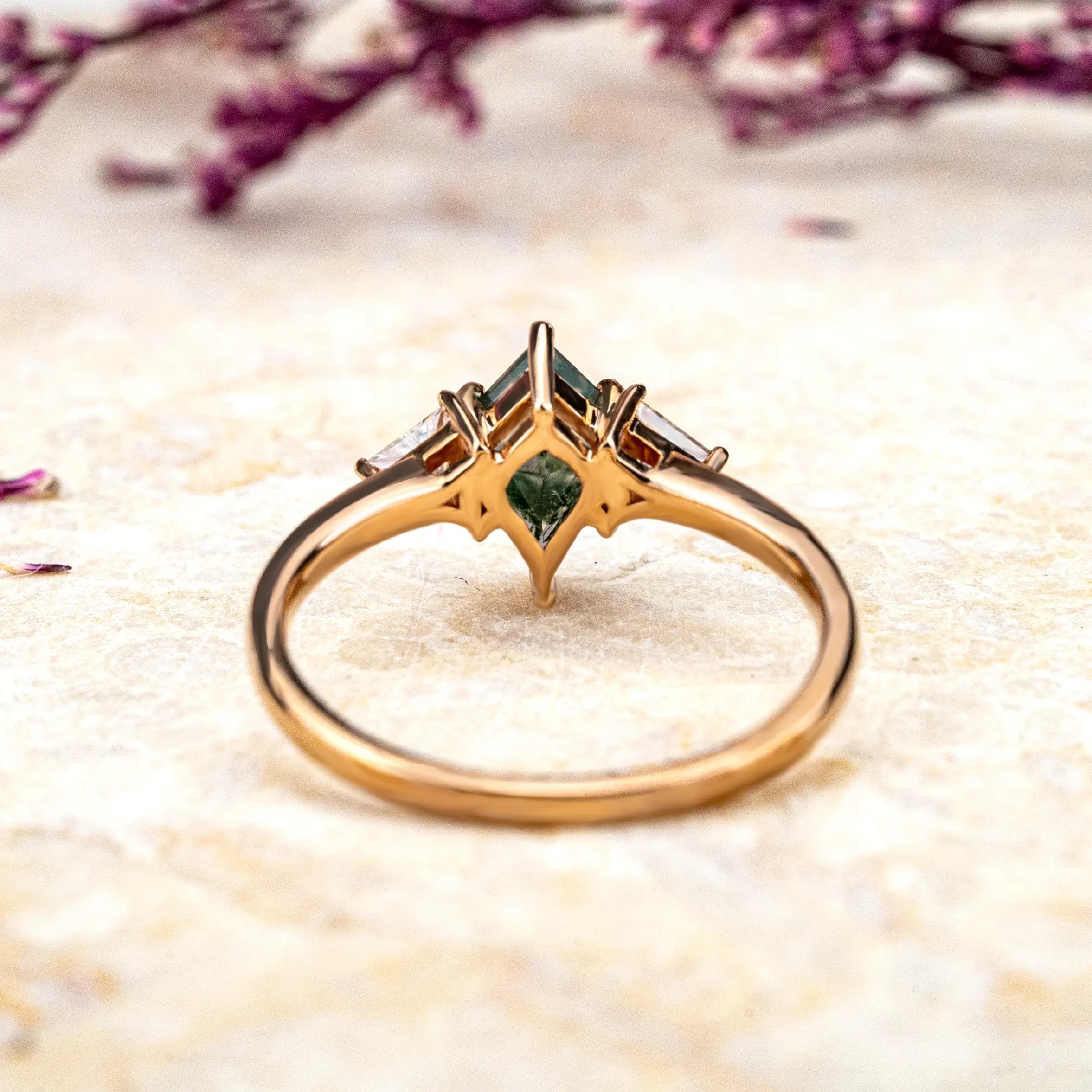 Luxury Three Stone Ring Kite Cut Moss Agate Engagement Ring For Ladies gift