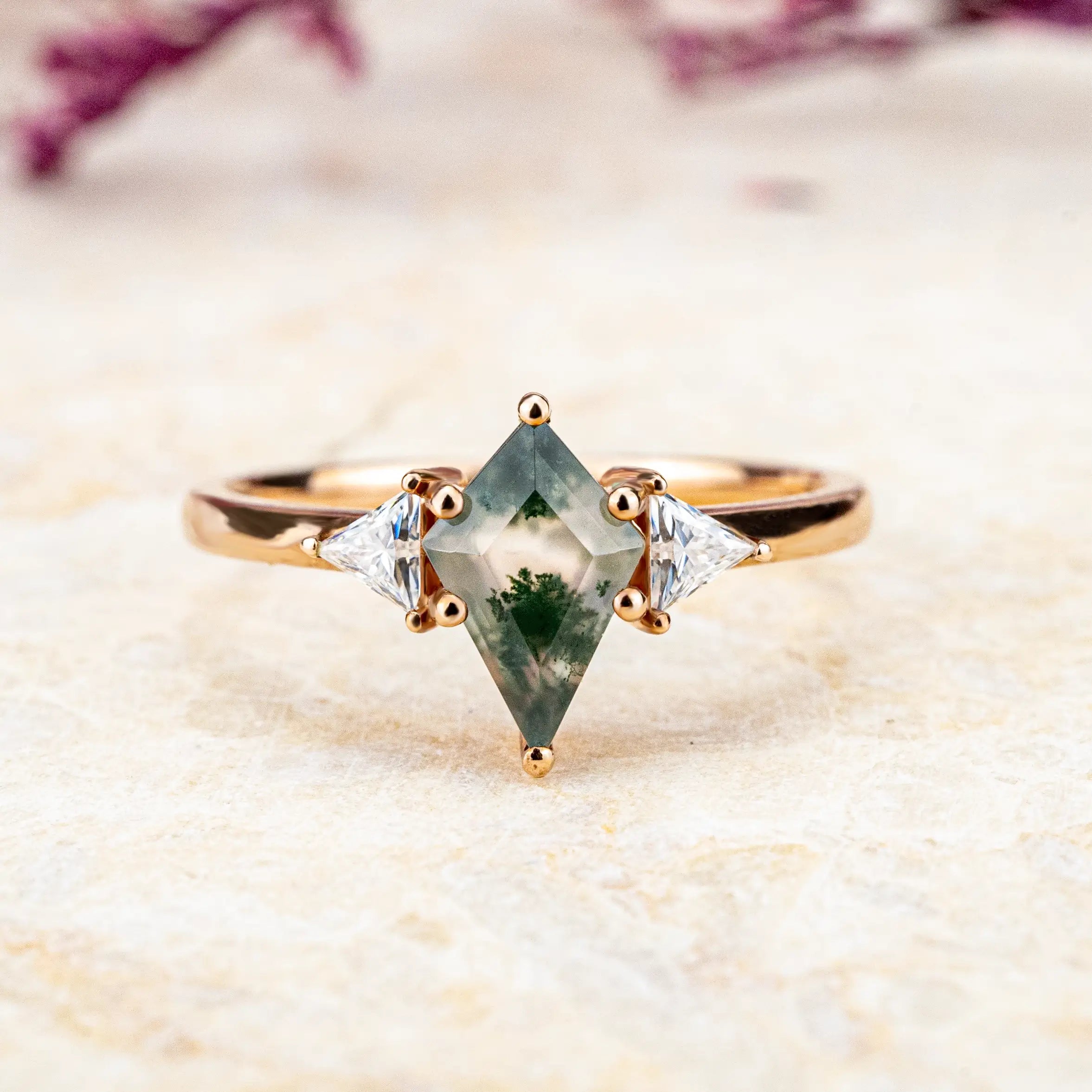 Luxury Three Stone Ring Kite Cut Moss Agate Engagement Rings 18k gold  For Ladies gift orleone jewelry