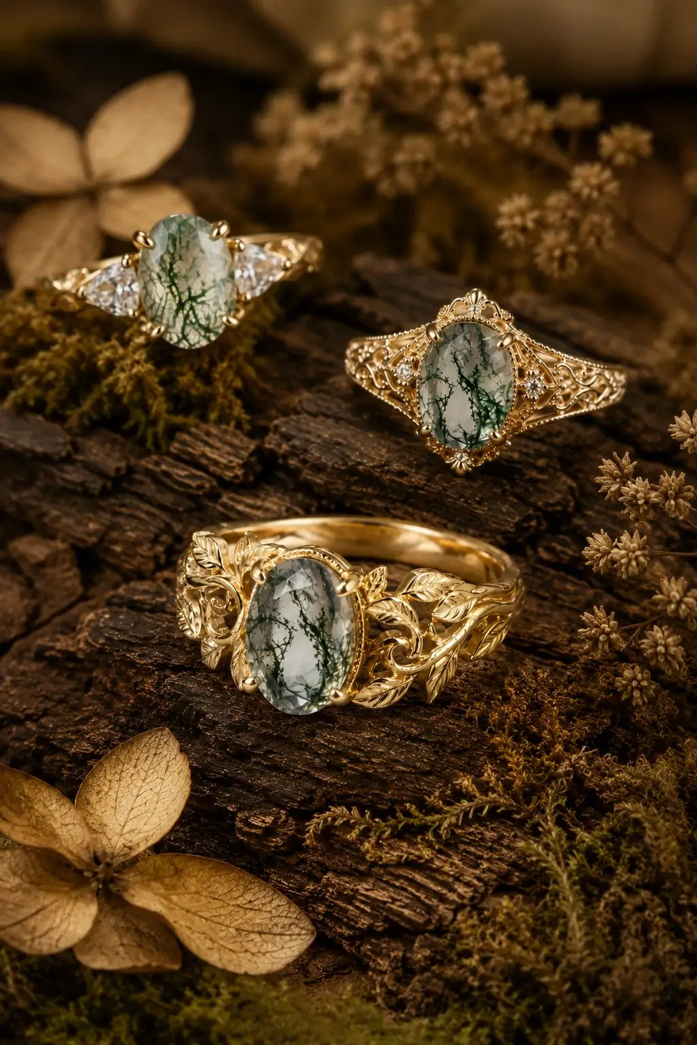 Custom 18k gold moss agate engagement rings for women