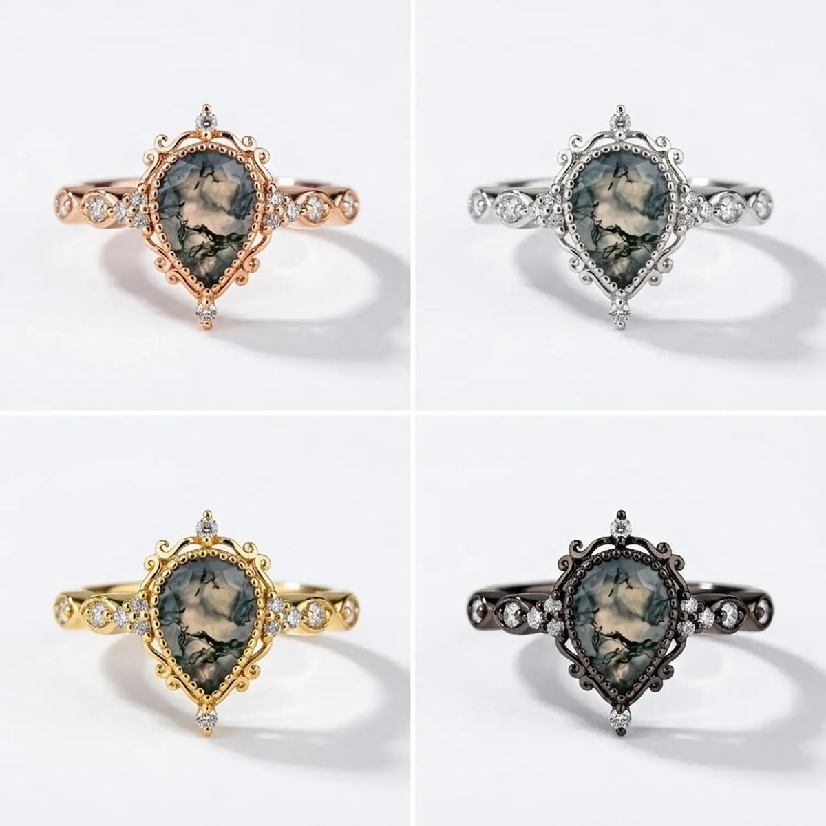 Handcrafted Pear Cut Moss Agate Engagement Rings – Vintage Bezel Set Ring