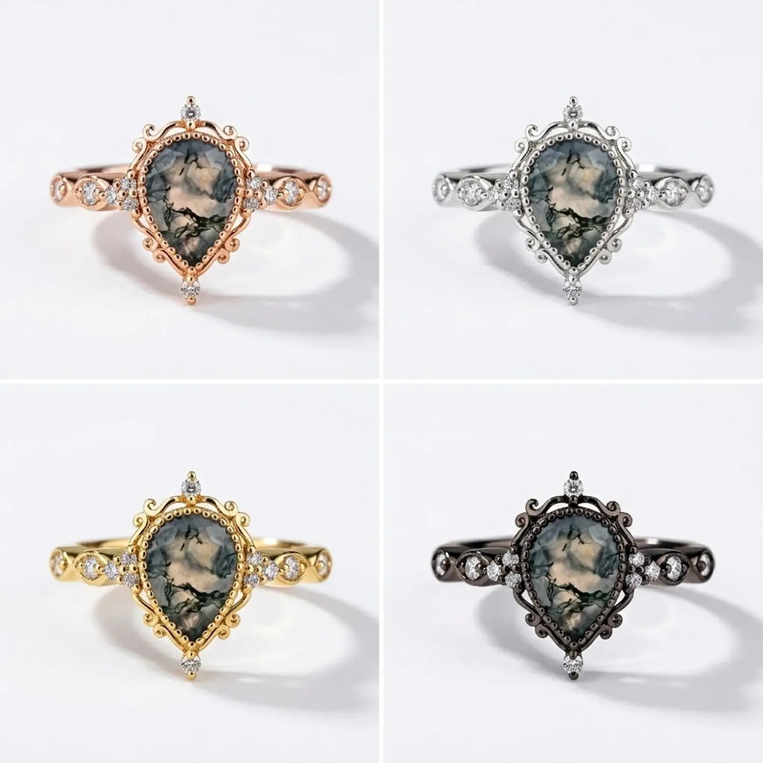 Handcrafted Pear Cut Moss Agate Engagement Rings – Vintage Bezel Set Ring