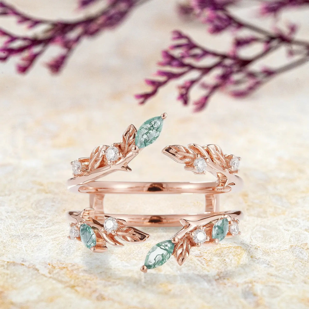 Moss Agate Enhancer Leaf Double Matching Wedding Bands | custom jewelry orleone