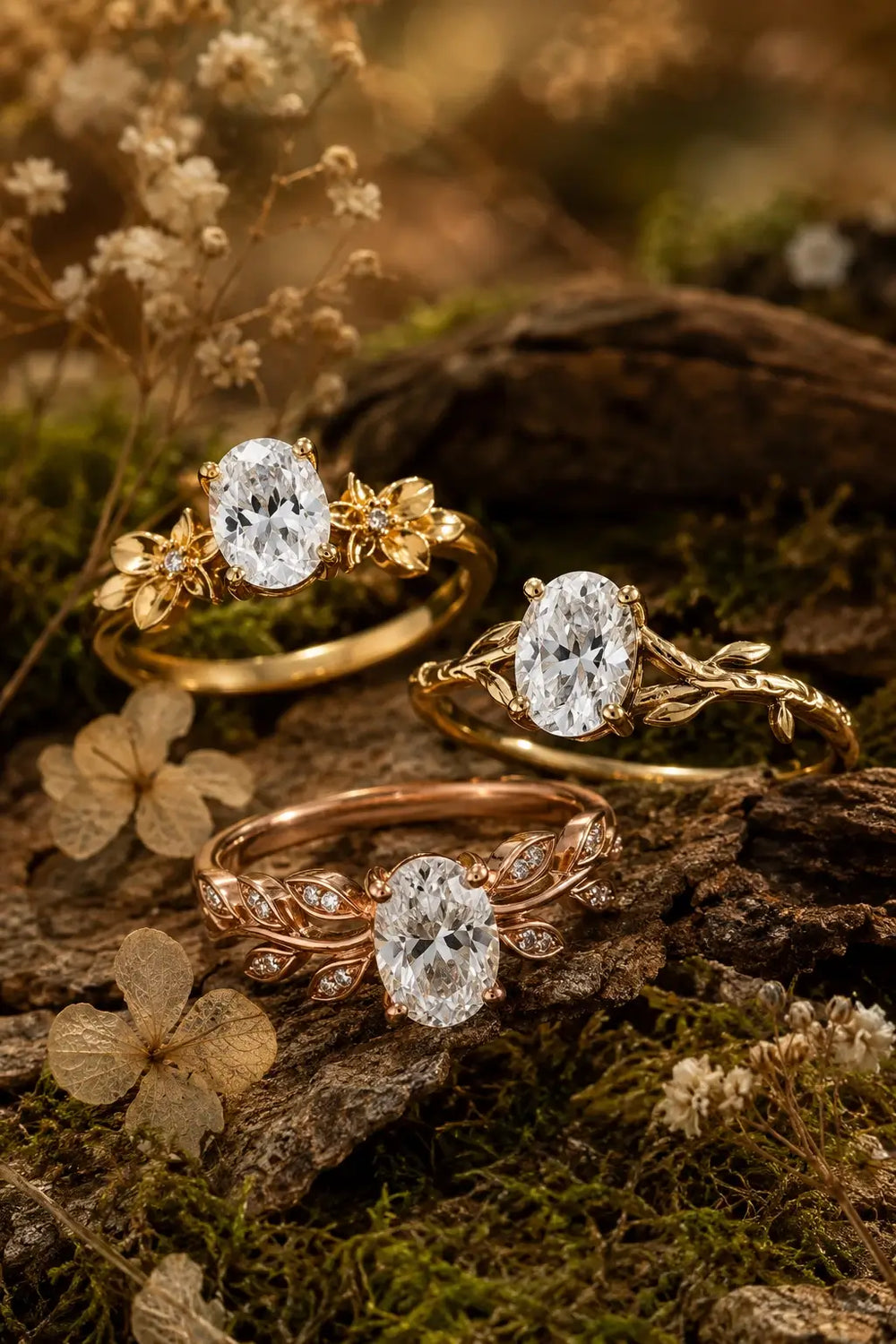Unique nature inspired engagement rings featuring colorful gemstones and handcrafted gold