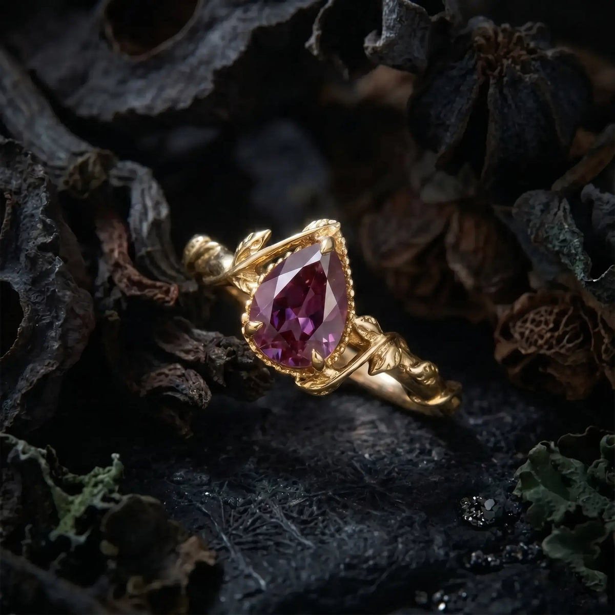 18k rose gold leaf ring with alexandrite engagement solitaire rings