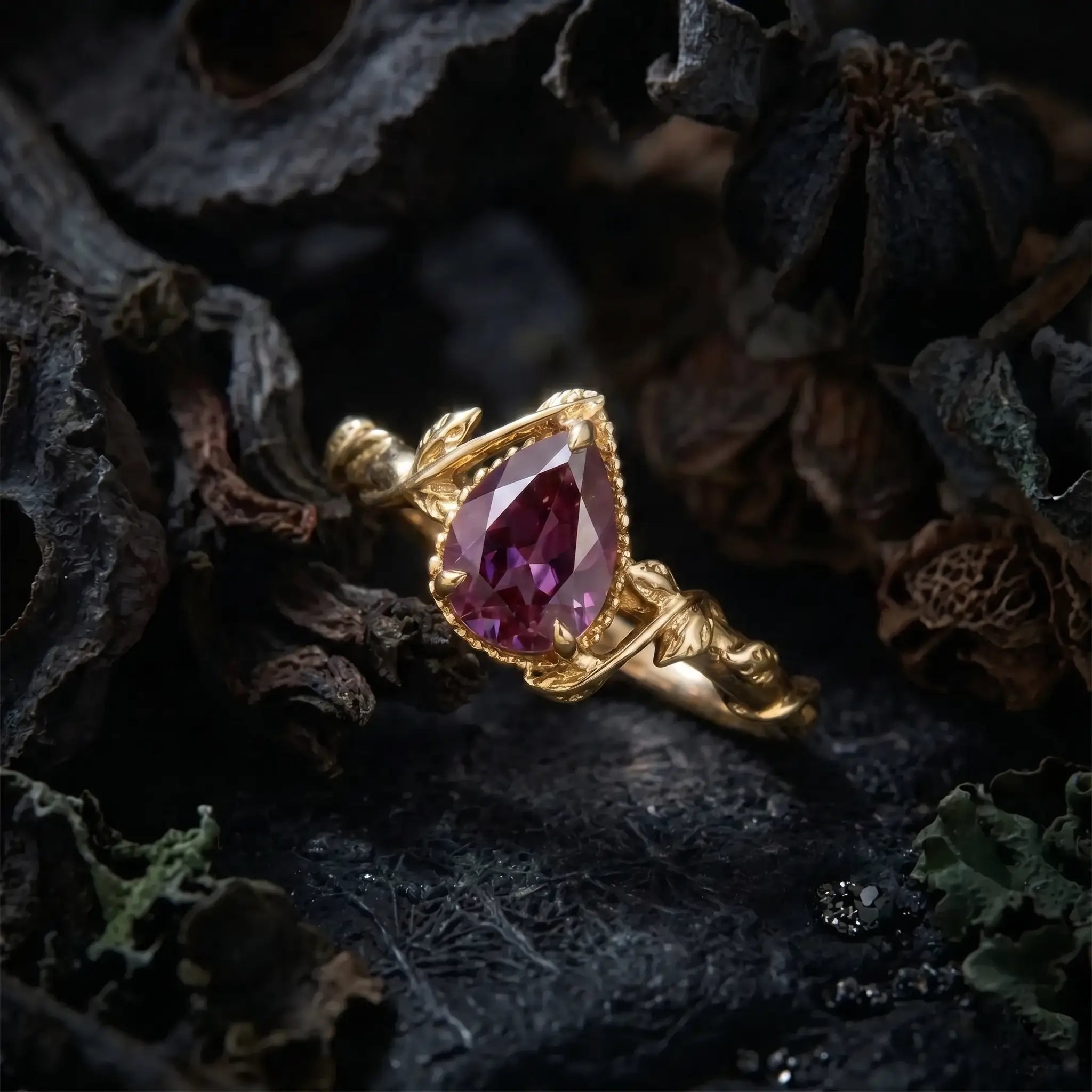 18k rose gold leaf ring with alexandrite engagement solitaire rings