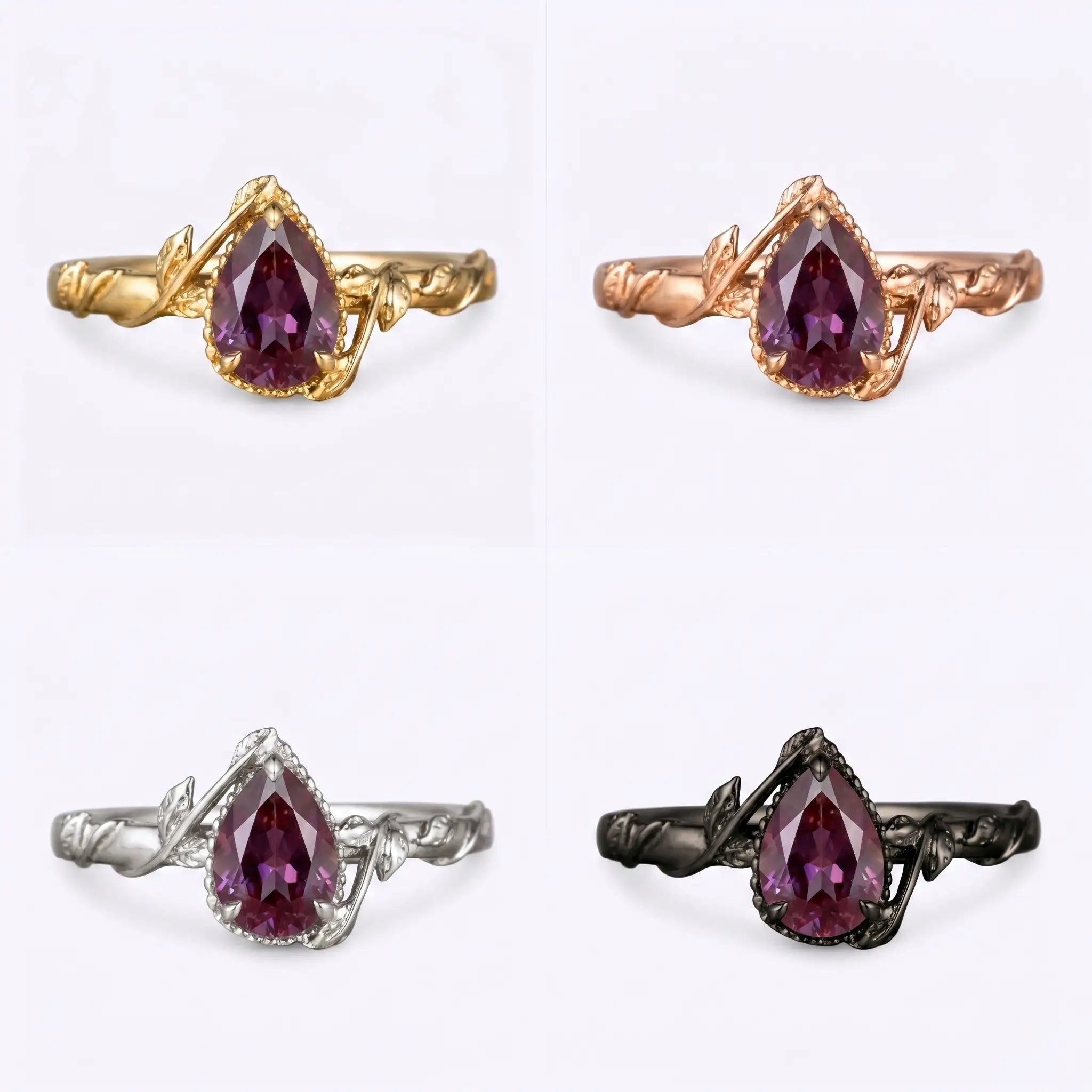 Natural style pear-shaped alexandrite engagement ring 4 material and color display