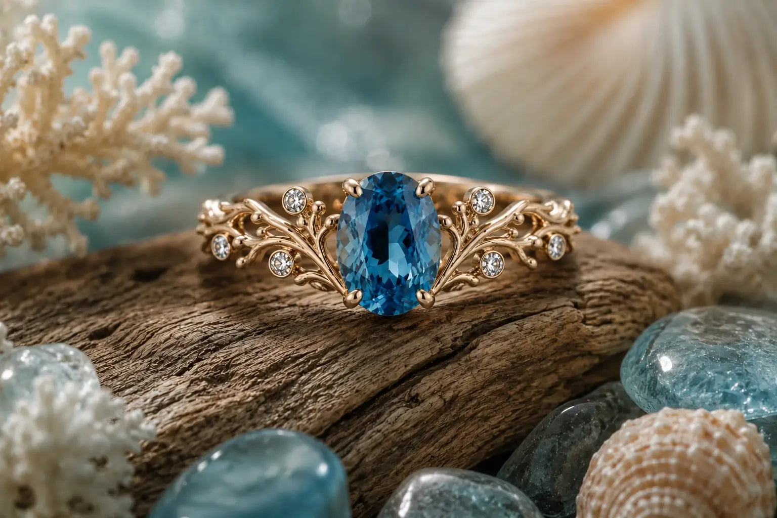 Ocean inspired engagement ring with coral and wave inspired gold details and blue gemstone accents