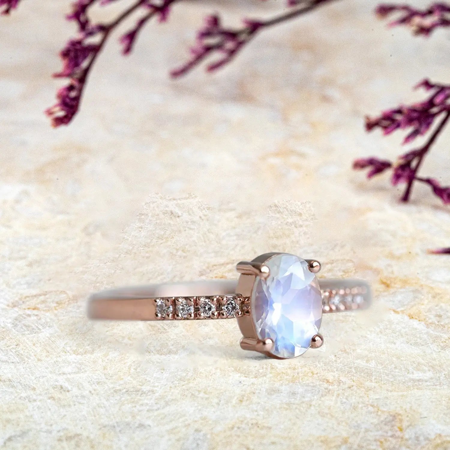 Oval Moonstone Engagement Ring Gorgeous Pave Band rose gold rings birthstone gift