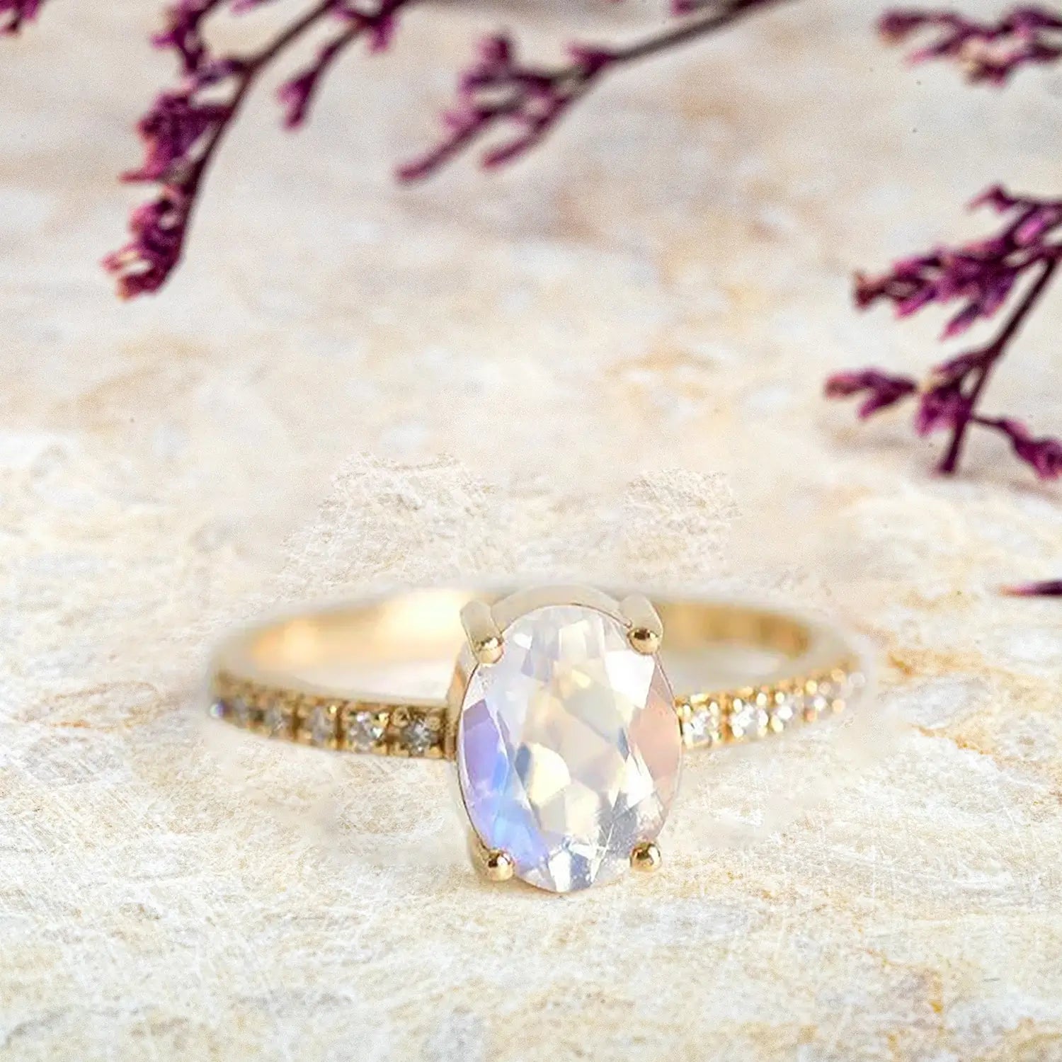 Oval Moonstone Engagement Ring Gorgeous Pave Band yellow gold rings