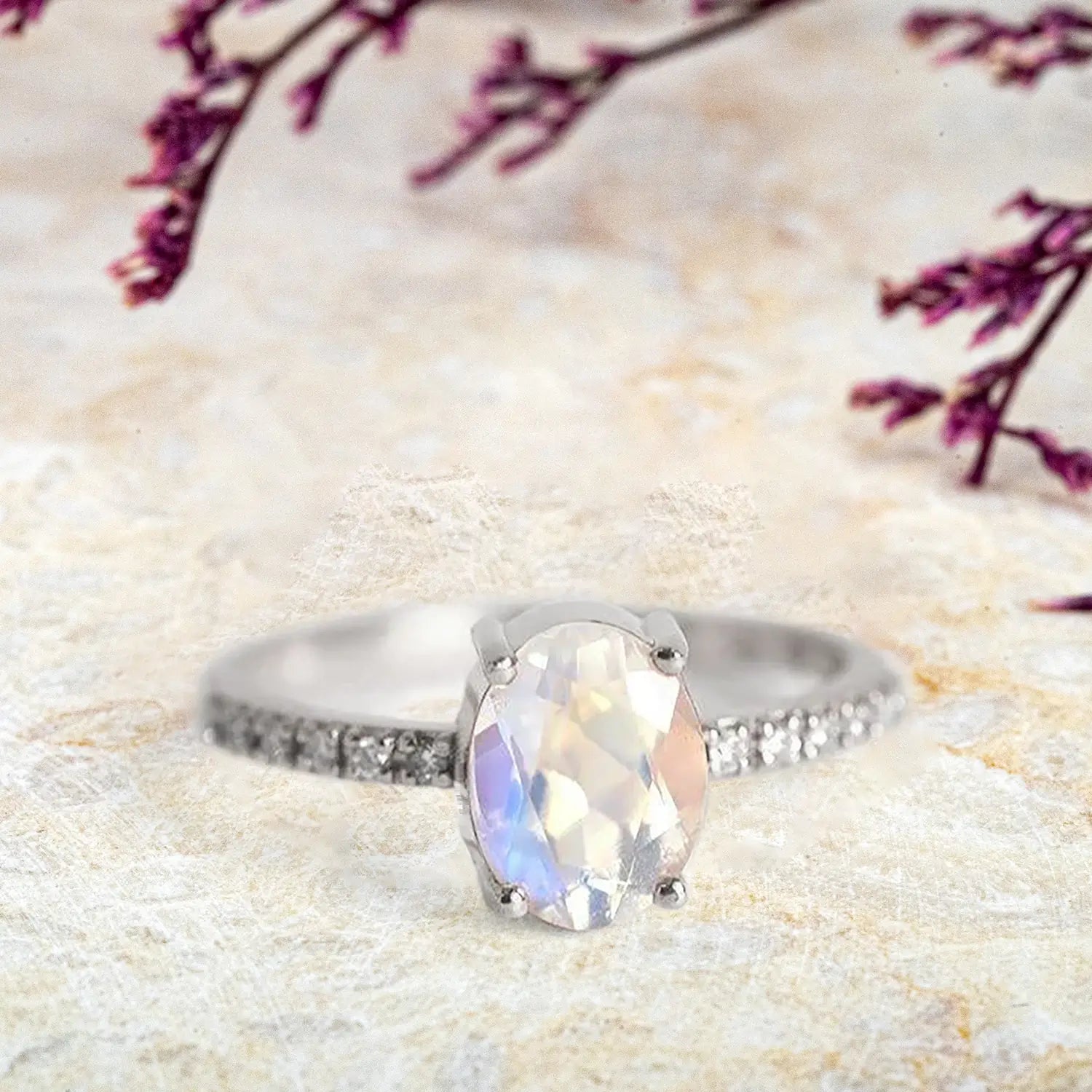 Oval Moonstone Engagement Ring Gorgeous Pave Band rose gold rings birthstone gift