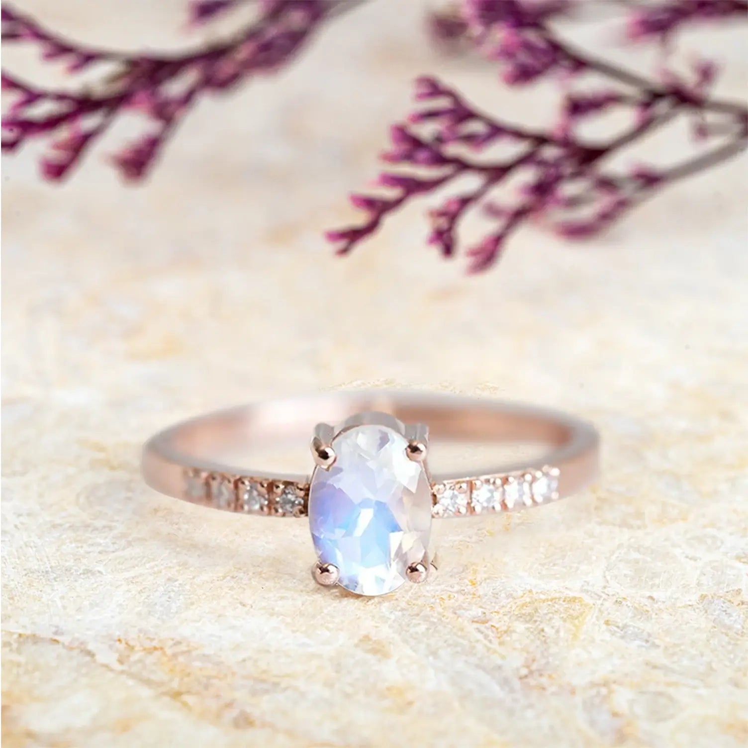 Oval Moonstone Engagement Ring Gorgeous Pave Band rose gold rings birthstone gift