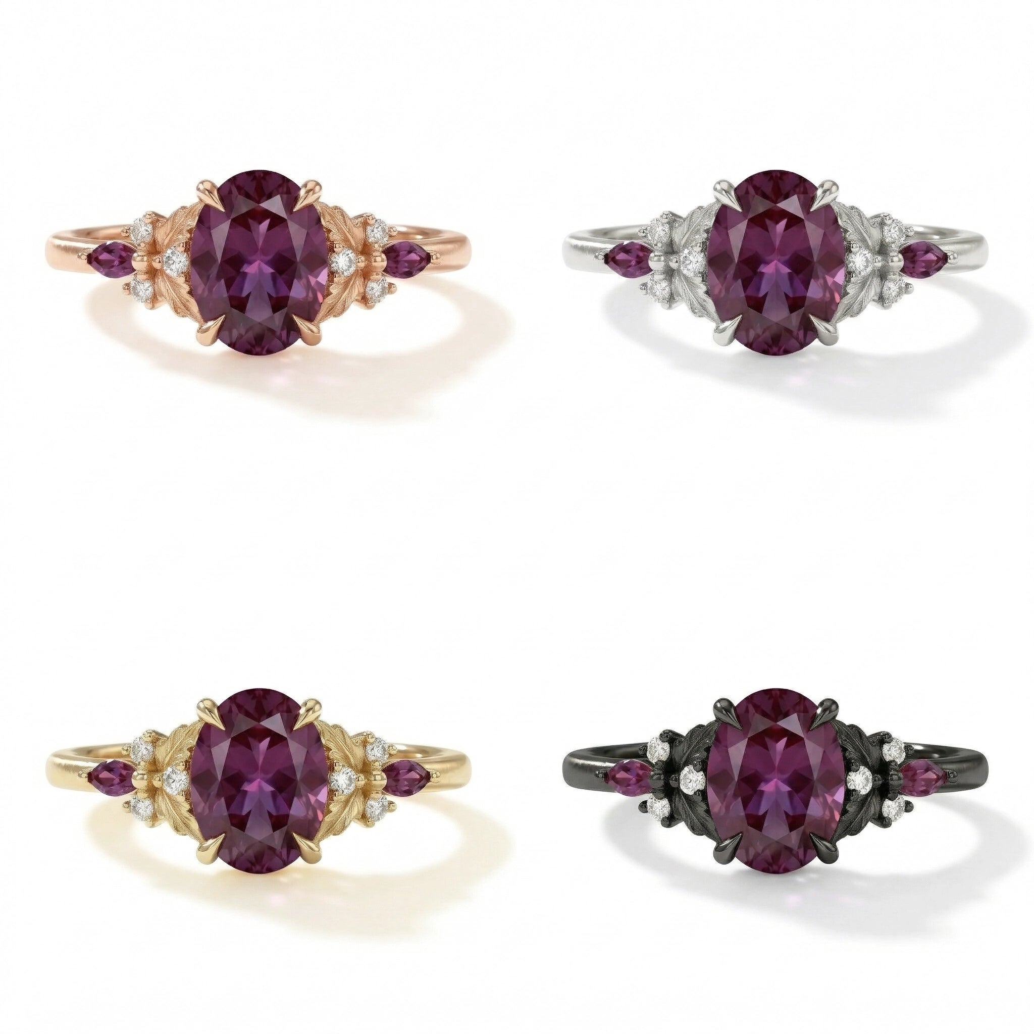 Oval Cut Alexandrite Engagement Ring Gold Leaf Cluster Nature Ring