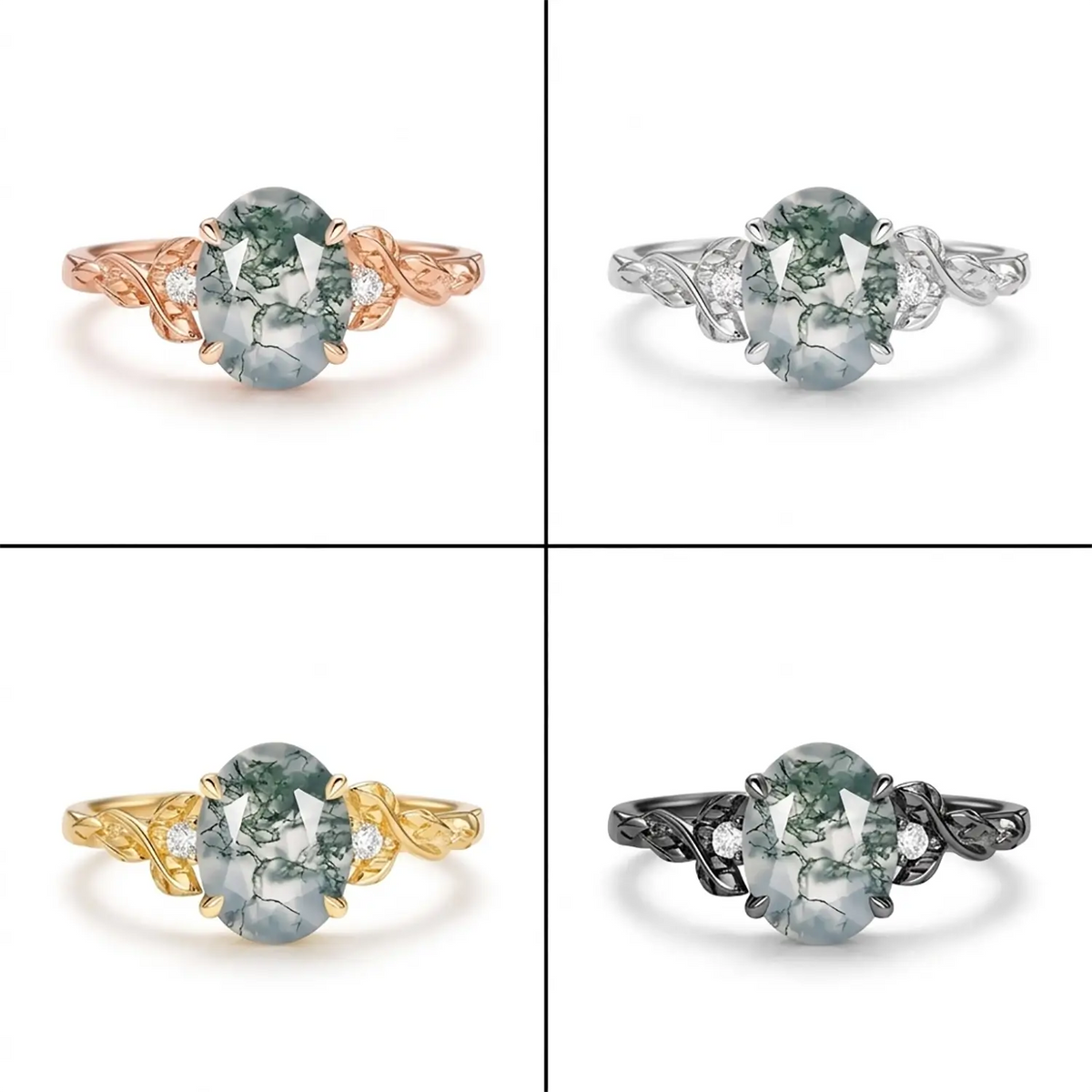 Oval Cut Moss Agate Leaf Engagement Rings - Elysian Prosperity Ring