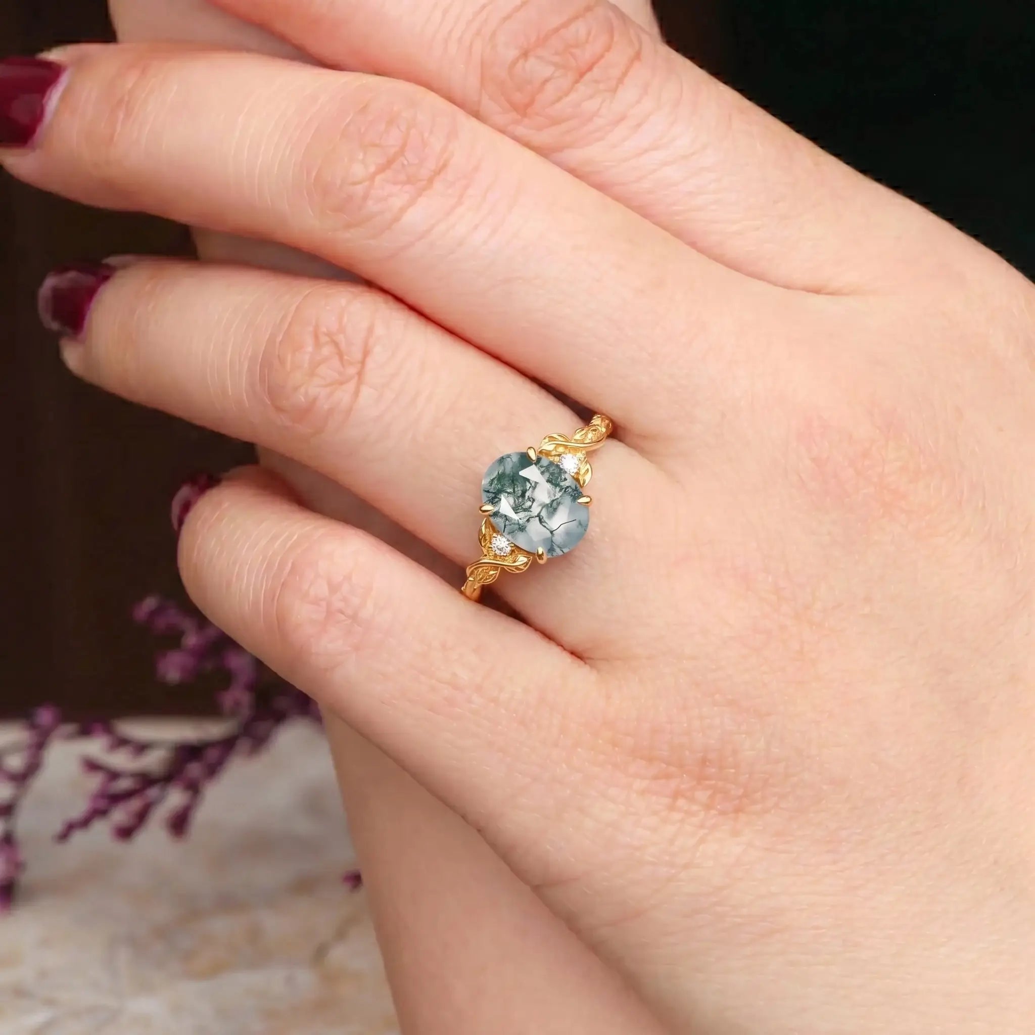 Oval Cut Moss Agate Leaf Engagement Rings - Elysian Prosperity Ring for ladies gift