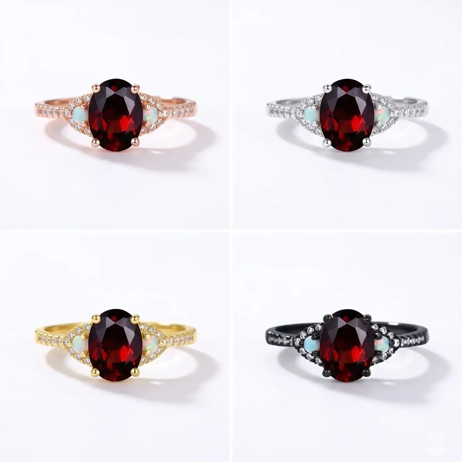 Oval Garnet Black Gold Engagement Ring Opal Three Stone 4 material color rose yellow white gold black gold