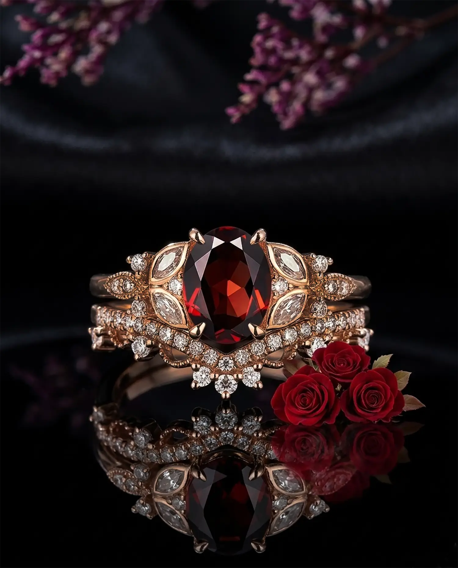 Woman wearing oval garnet engagement ring in rose gold band