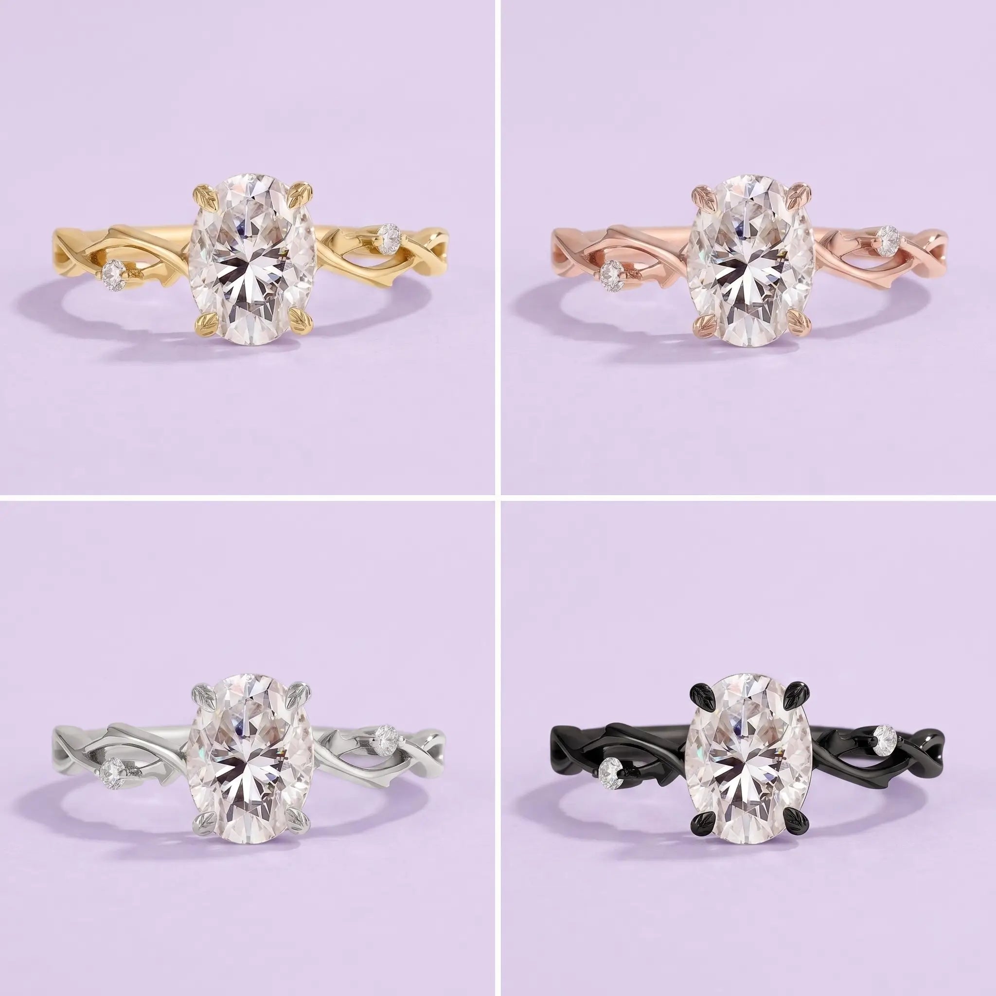 Oval Moissanite Engagement Ring 14K Cross-Branch Promise Rings