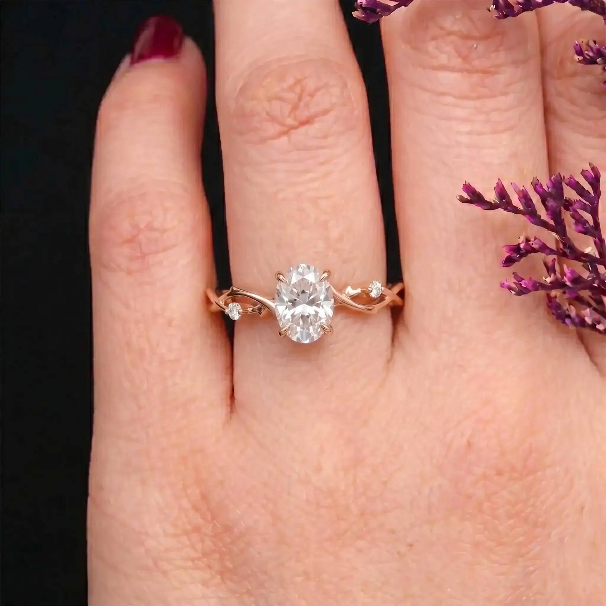 Oval Moissanite Engagement Ring 14K Cross-Branch Promise Rings for women
